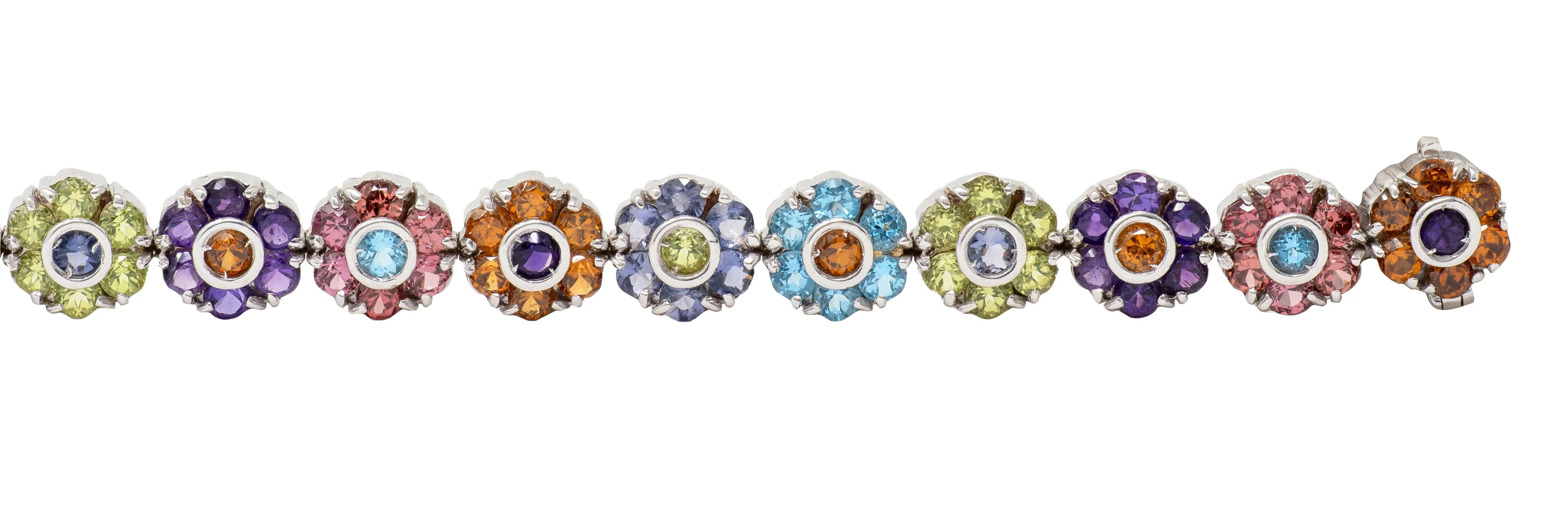 Contemporary Multi-Gem 18 Karat White Gold Floral Link Bracelet - Image 5