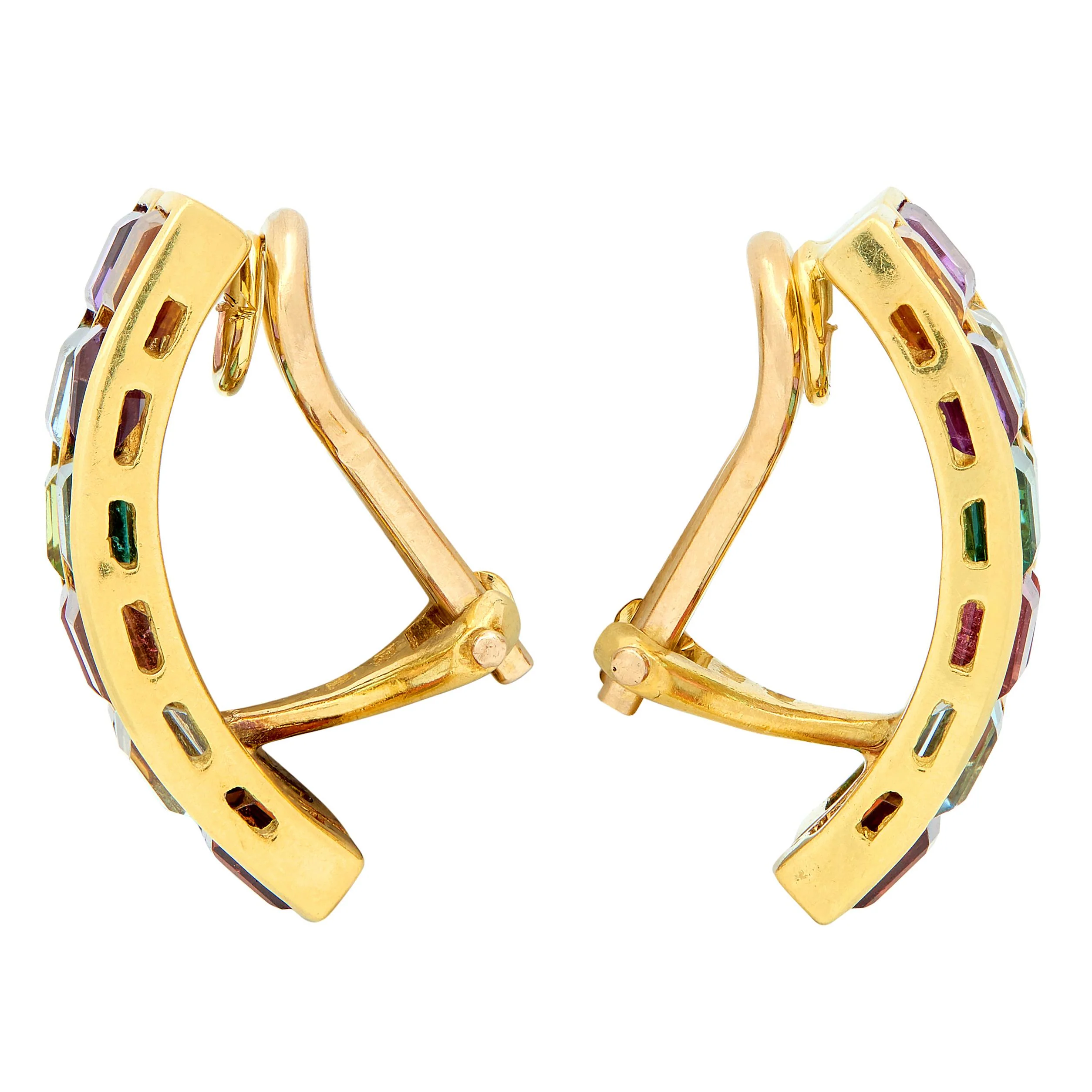 Contemporary Multi-Gem 18 Karat Yellow Gold Rainbow J-Hoop Ear-Clip Earrings - Image 3