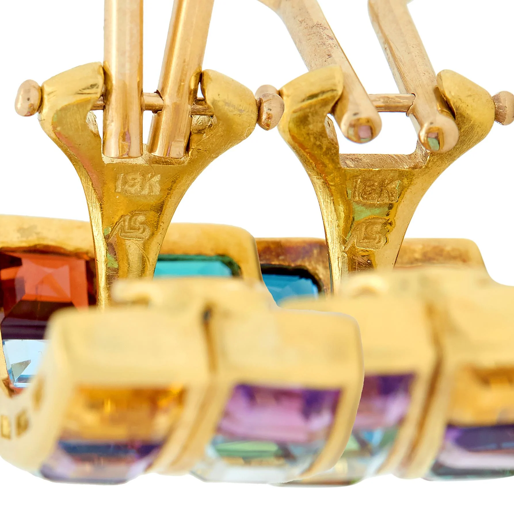 Contemporary Multi-Gem 18 Karat Yellow Gold Rainbow J-Hoop Ear-Clip Earrings - Image 7