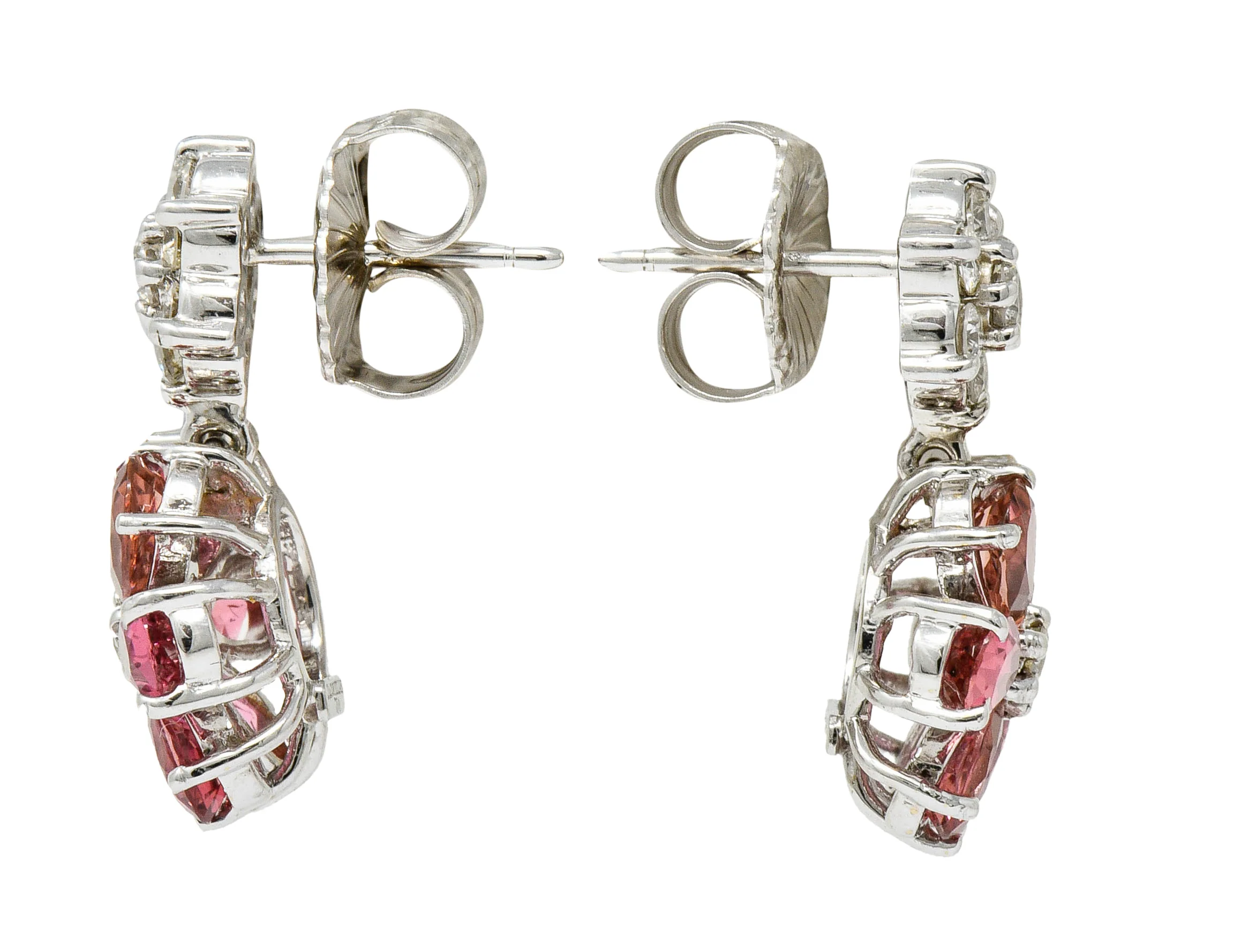 Contemporary Pink Tourmaline Diamond 18 Karat White Floral Cluster Drop Earrings - Image 2