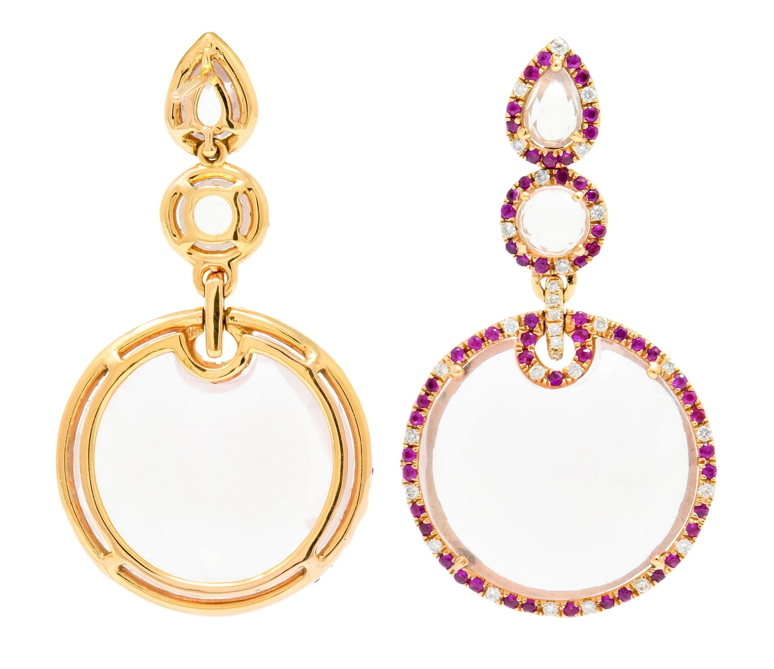 Contemporary Rose Quartz Ruby Diamond 18 Karat Rose Gold Drop Earrings - Image 6