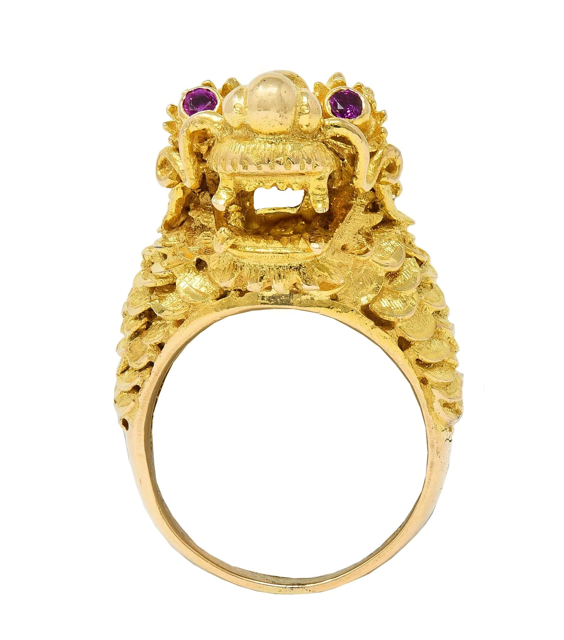 Contemporary Ruby 14 Karat Yellow Gold Dragon Statement Ring - Image 2