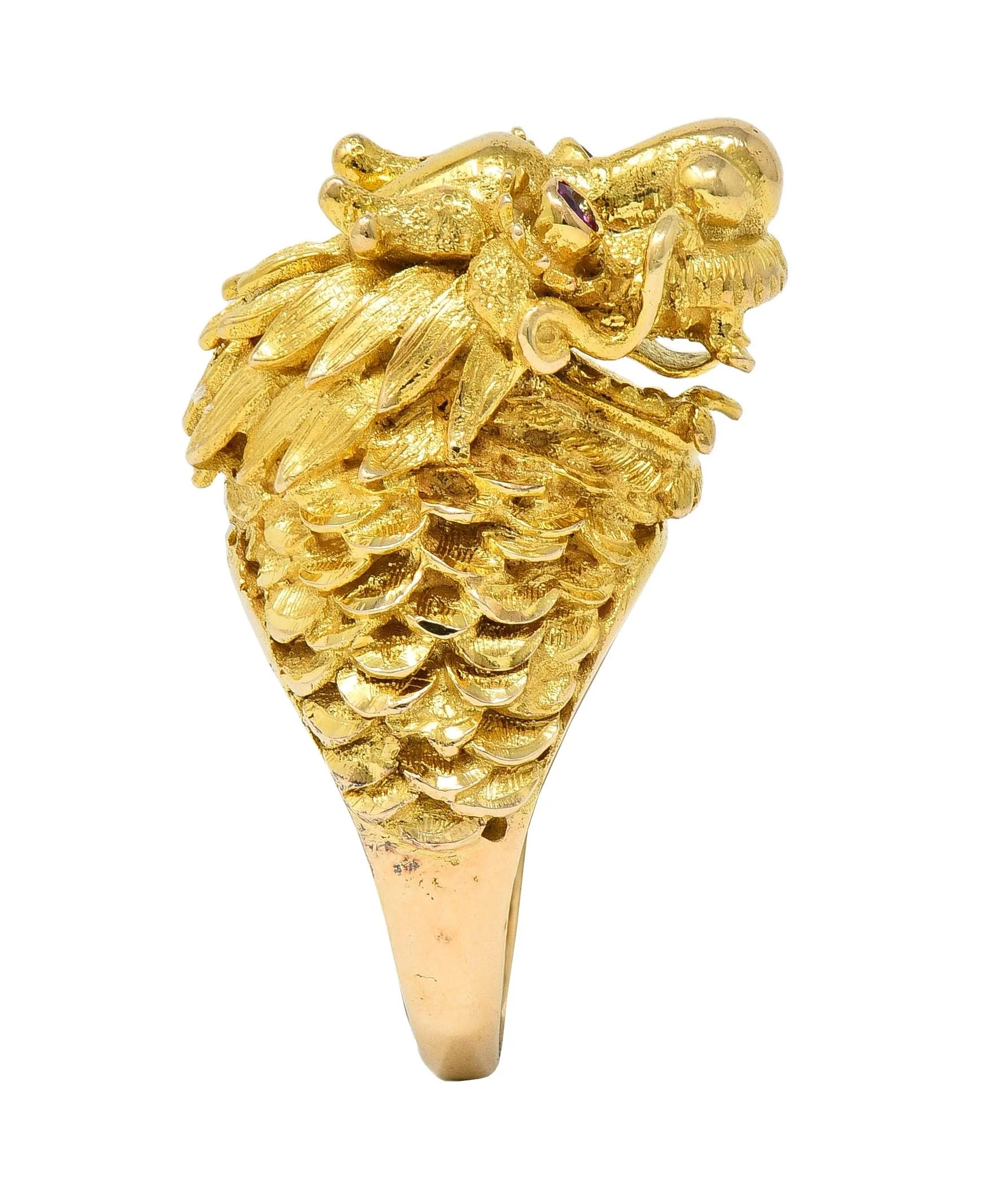 Contemporary Ruby 14 Karat Yellow Gold Dragon Statement Ring - Image 3