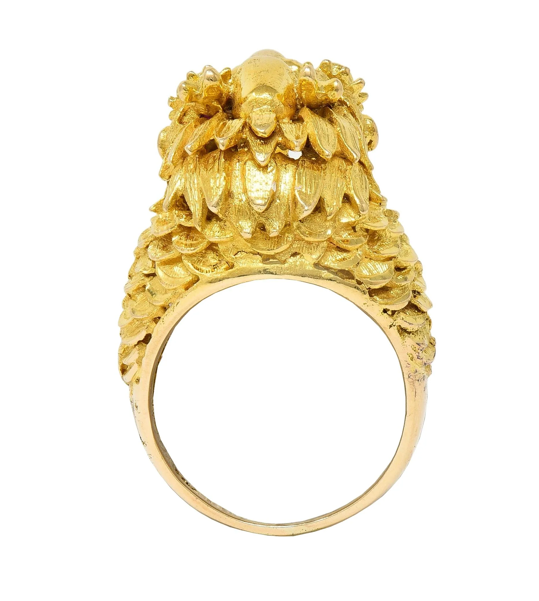 Contemporary Ruby 14 Karat Yellow Gold Dragon Statement Ring - Image 4