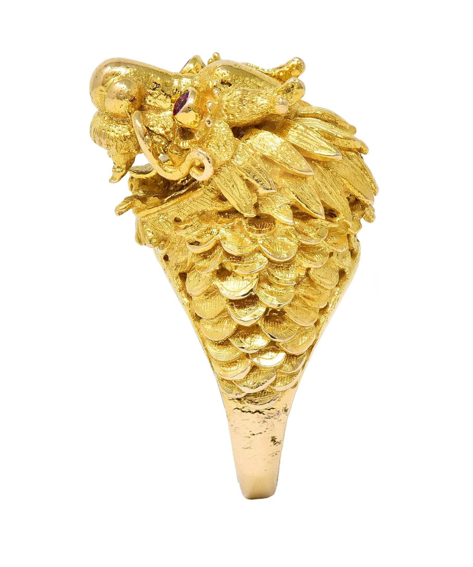 Contemporary Ruby 14 Karat Yellow Gold Dragon Statement Ring - Image 5