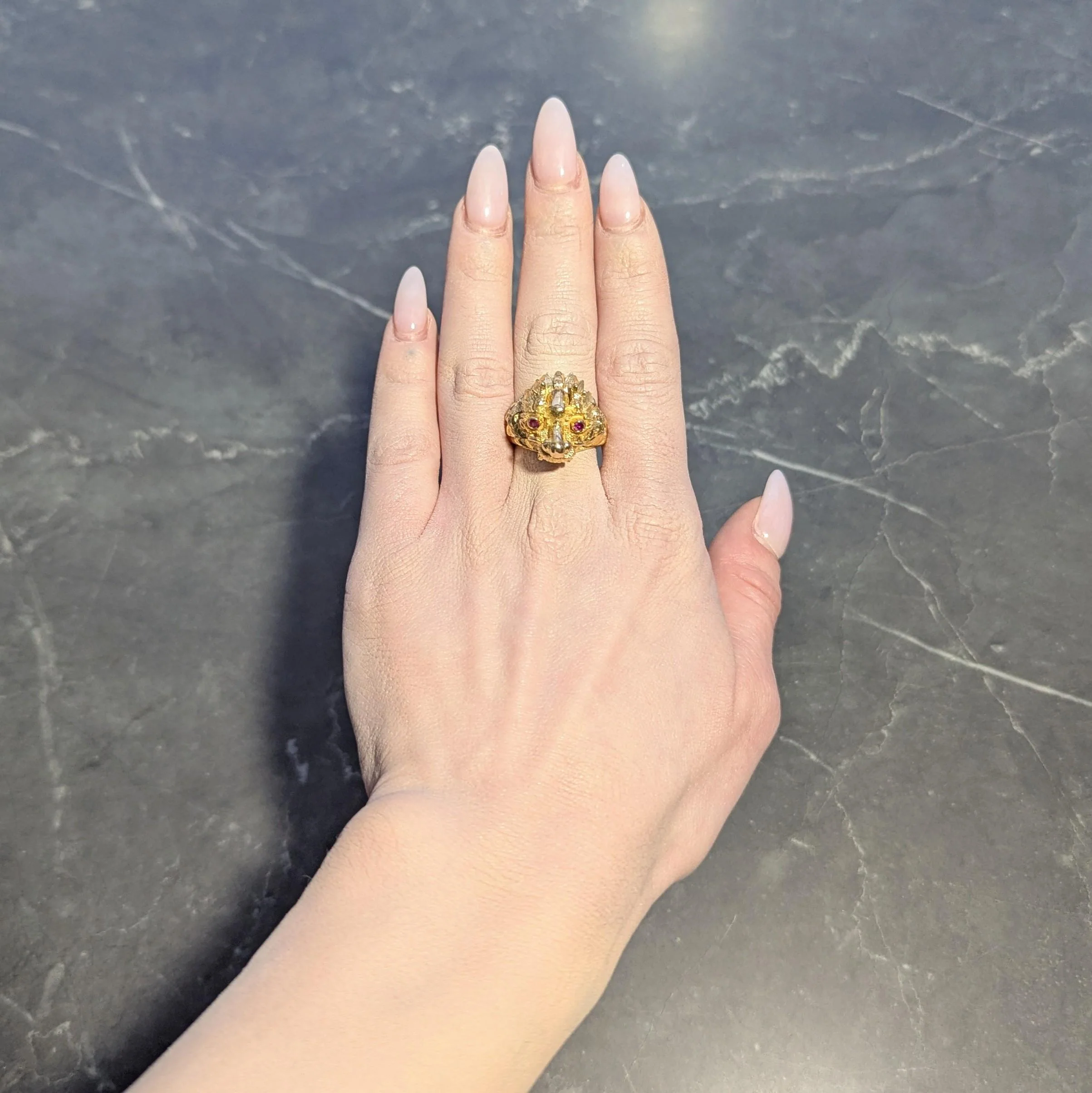 Contemporary Ruby 14 Karat Yellow Gold Dragon Statement Ring - Image 7