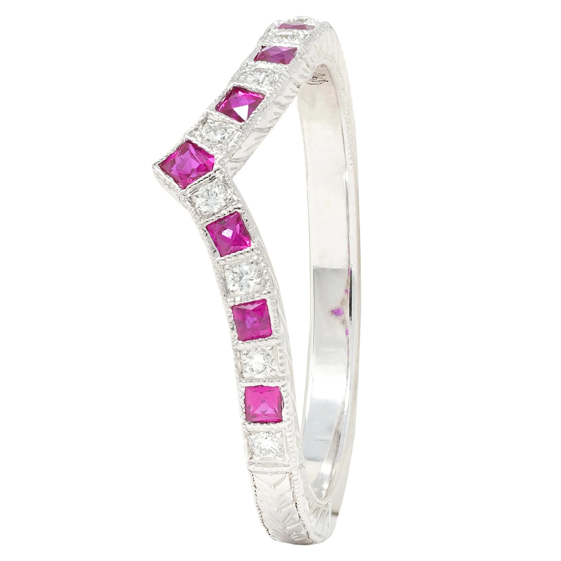 Contemporary Ruby Diamond 14 Karat White Gold Contour Wedding Band Ring - Image 6