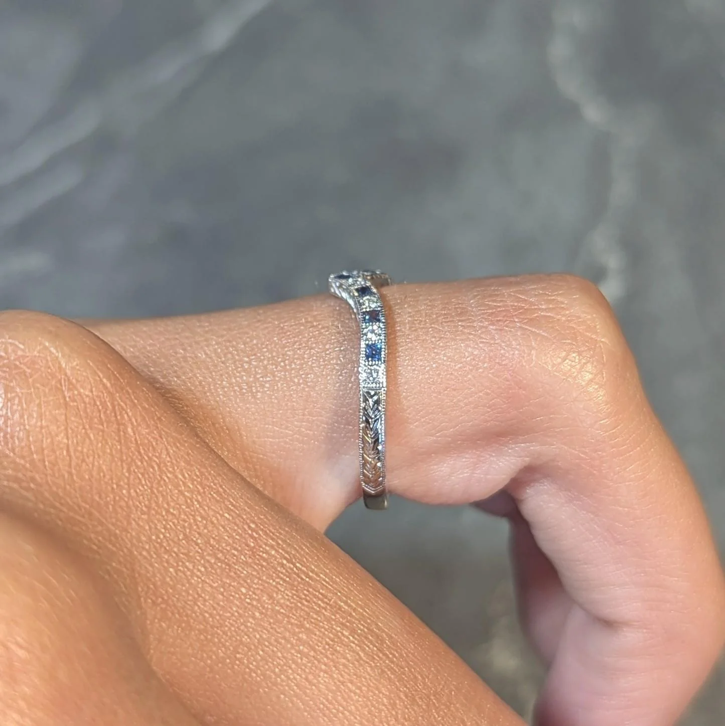 Contemporary Sapphire Diamond 14 Karat White Gold Contour Wedding Band Ring - Image 13