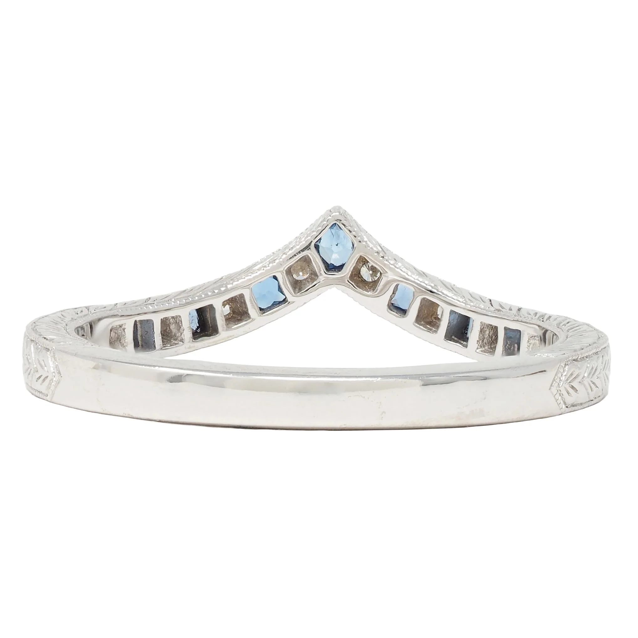 Contemporary Sapphire Diamond 14 Karat White Gold Contour Wedding Band Ring - Image 3