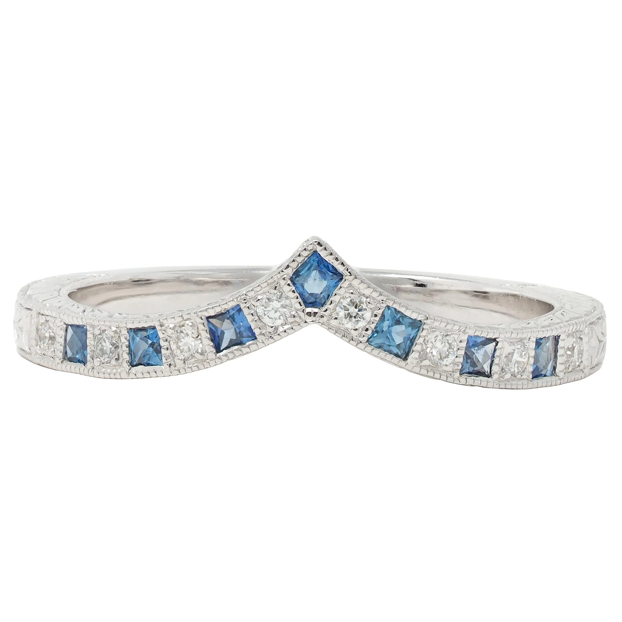 Contemporary Sapphire Diamond 14 Karat White Gold Contour Wedding Band Ring - Image 4