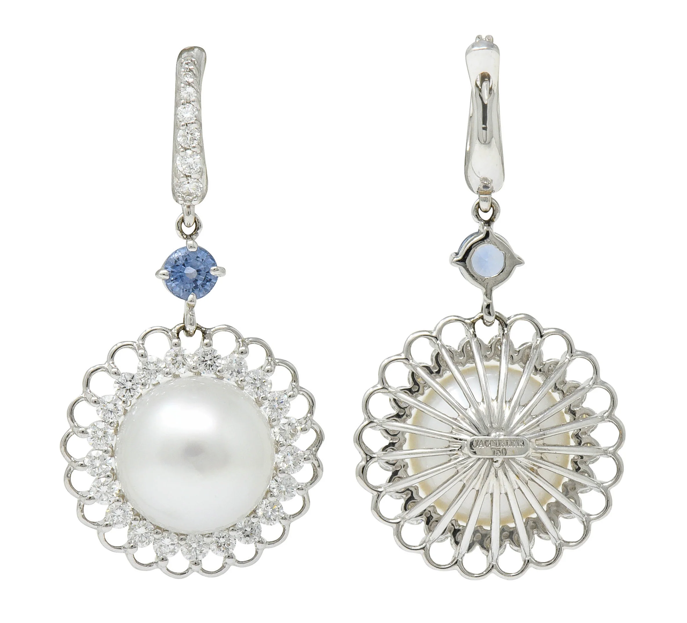 Contemporary South Sea Pearl 2.20 CTW Sapphire Diamond 18 Karat White Gold Earrings - Image 6