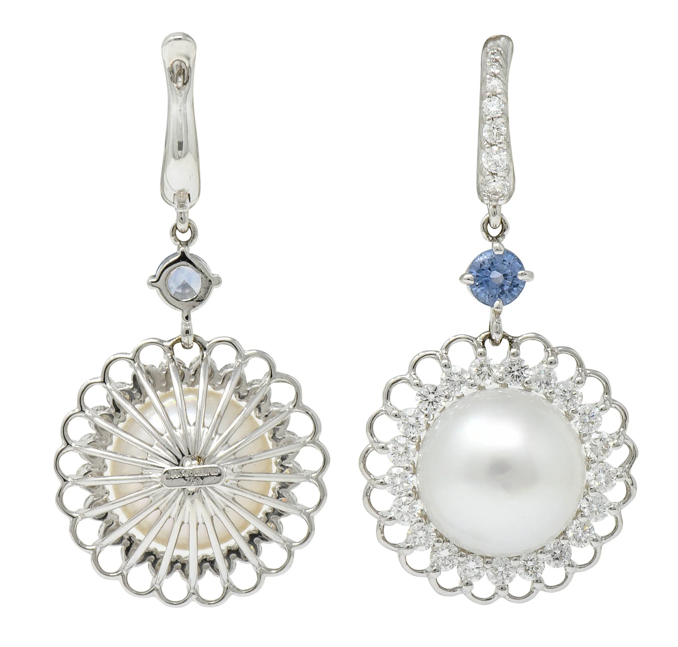 Contemporary South Sea Pearl 2.20 CTW Sapphire Diamond 18 Karat White Gold Earrings - Image 7