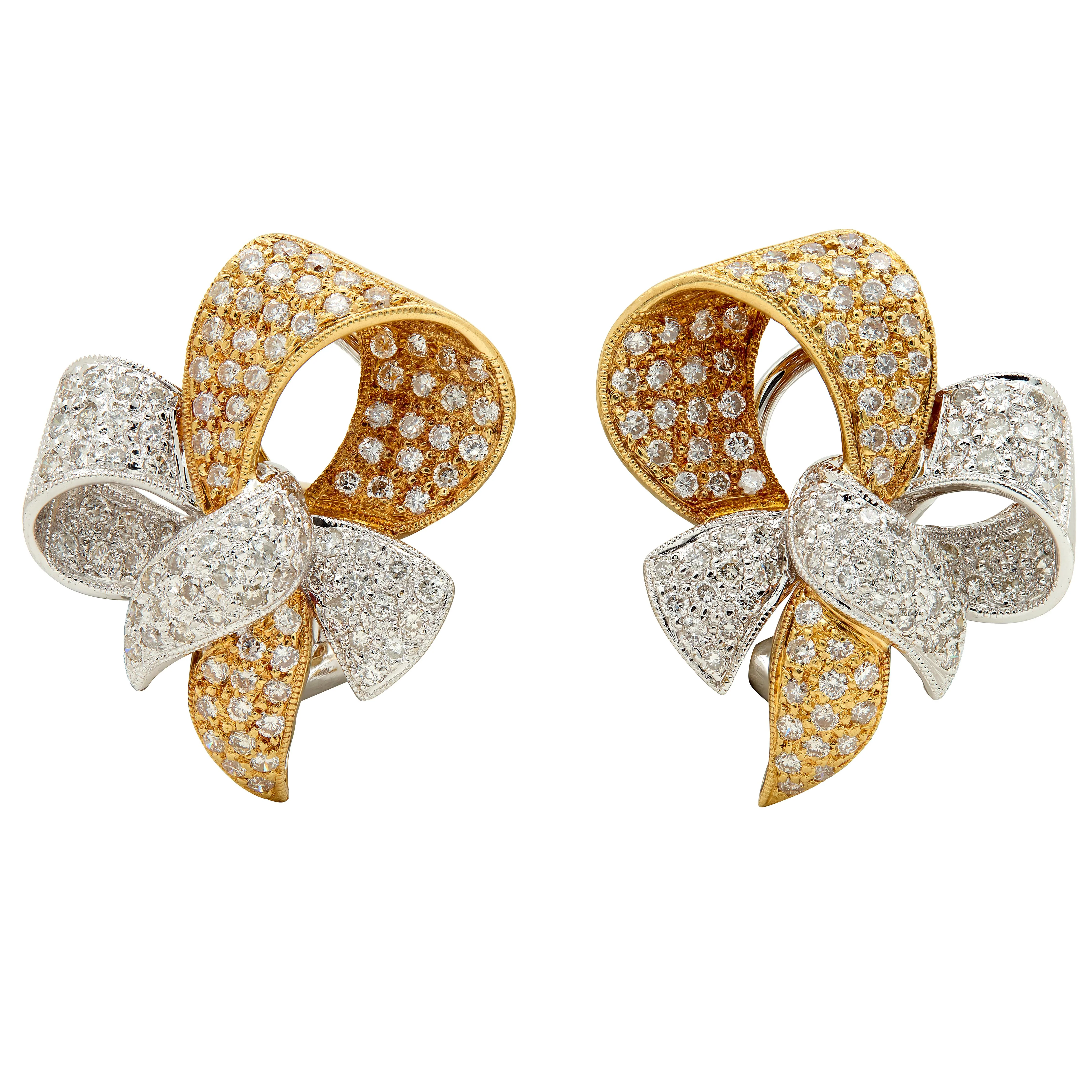 Contemporary 2.56 CTW Diamond 18 Karat Two-Tone Yellow Gold Bow Earrings - Image 6