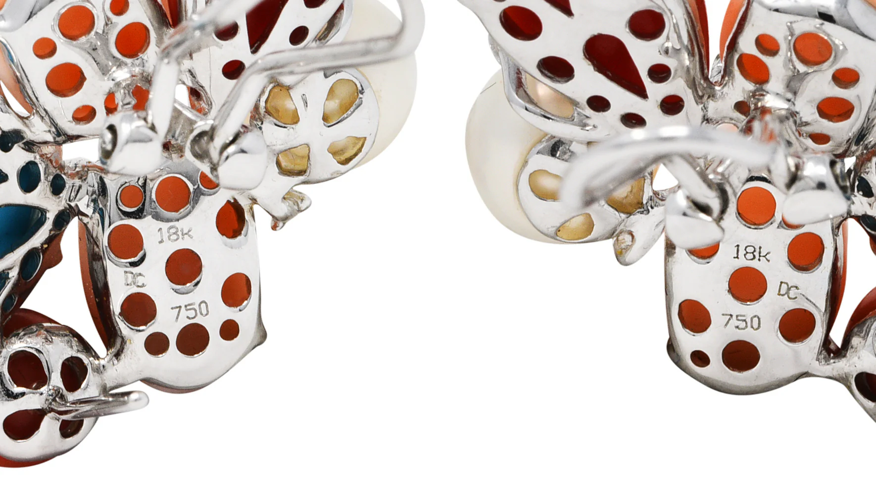 Coral Pearl Diamond Turquoise 18 Karat White Gold Cluster Earrings - Image 5