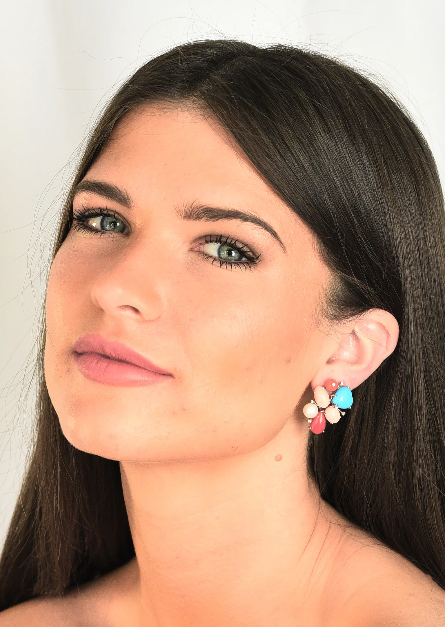 Coral Pearl Diamond Turquoise 18 Karat White Gold Cluster Earrings - Image 7
