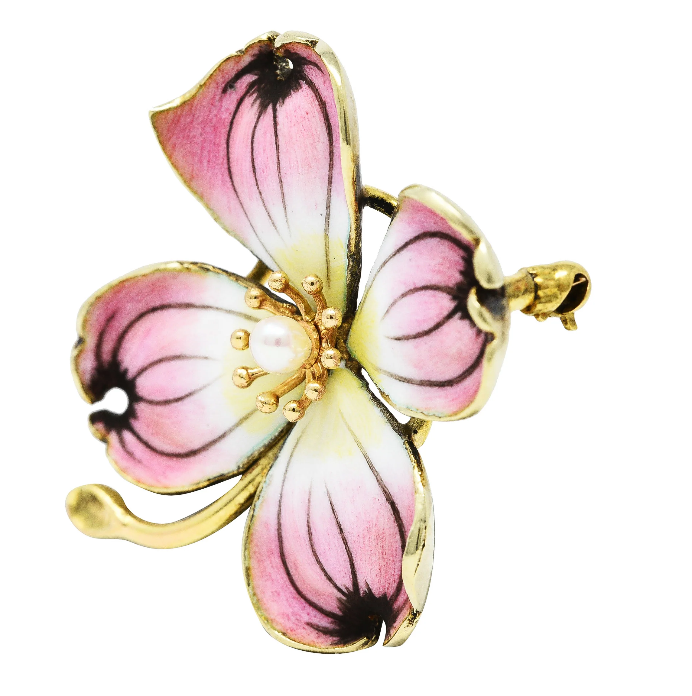 Crane & Theurer Art Nouveau Pearl Enamel 14 Karat Yellow Gold Antique Flower Brooch - Image 2