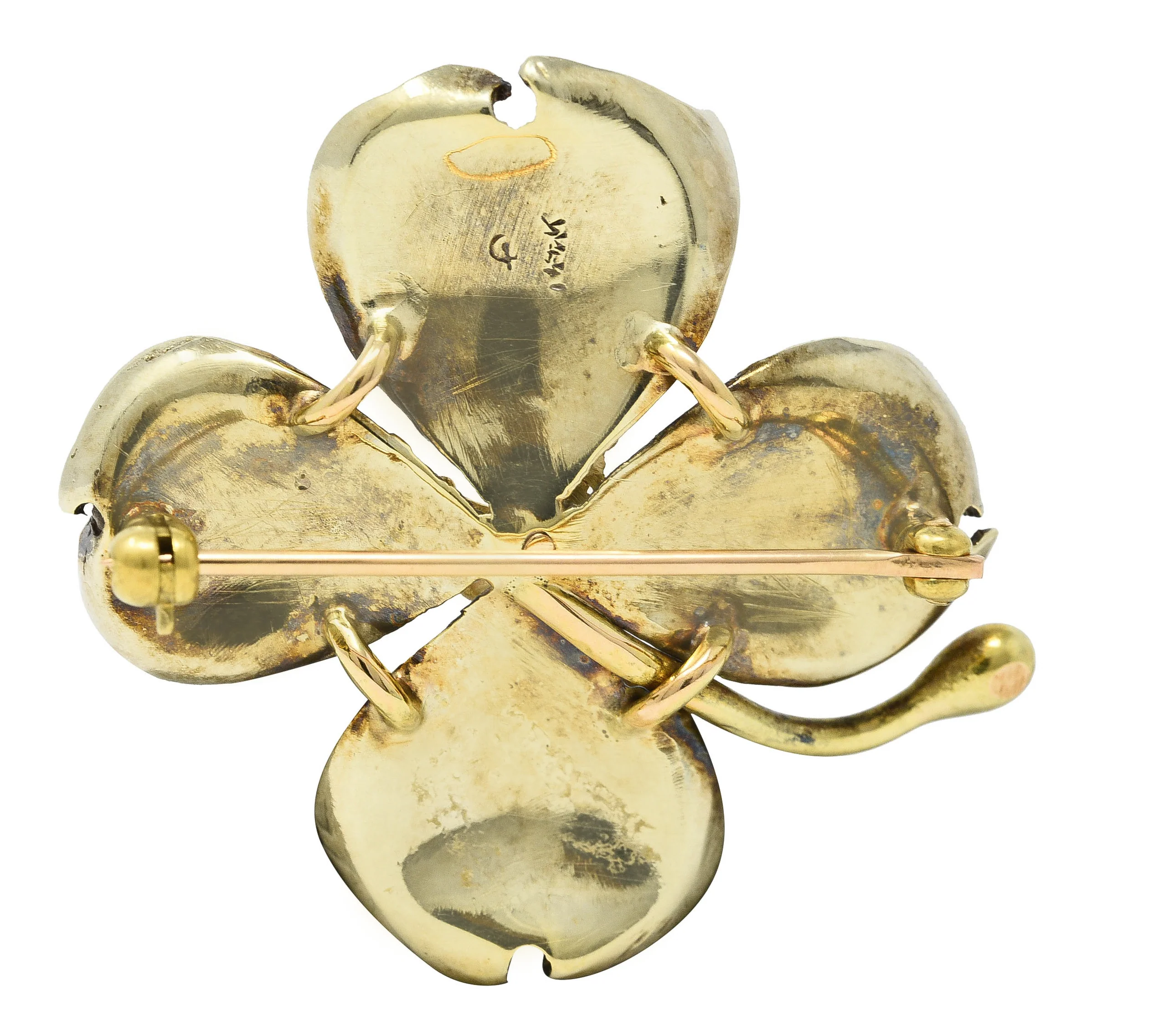 Crane & Theurer Art Nouveau Pearl Enamel 14 Karat Yellow Gold Antique Flower Brooch - Image 3