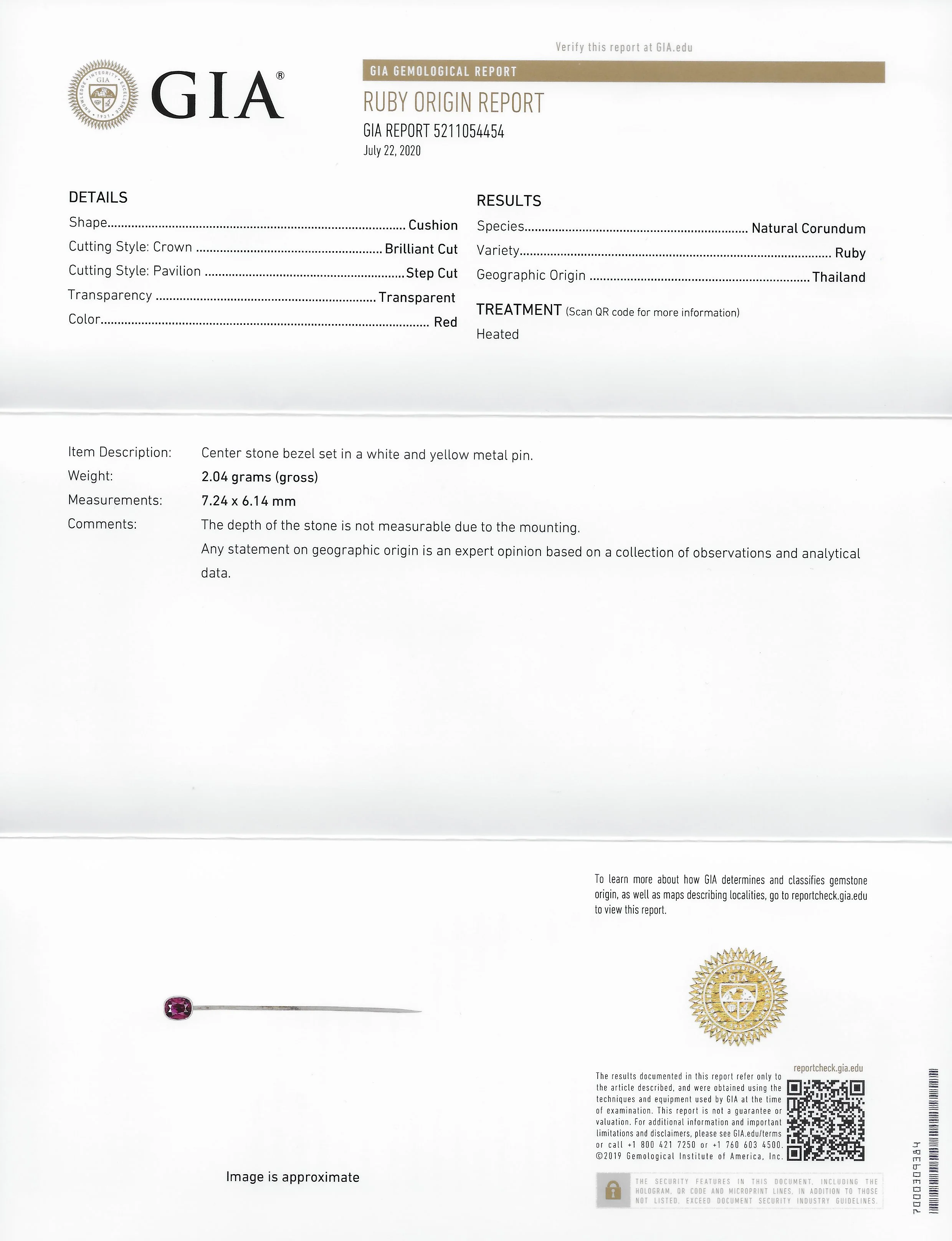 Cushion Cut Ruby Platinum 14 Karat White Gold Stickpin GIA - Image 7