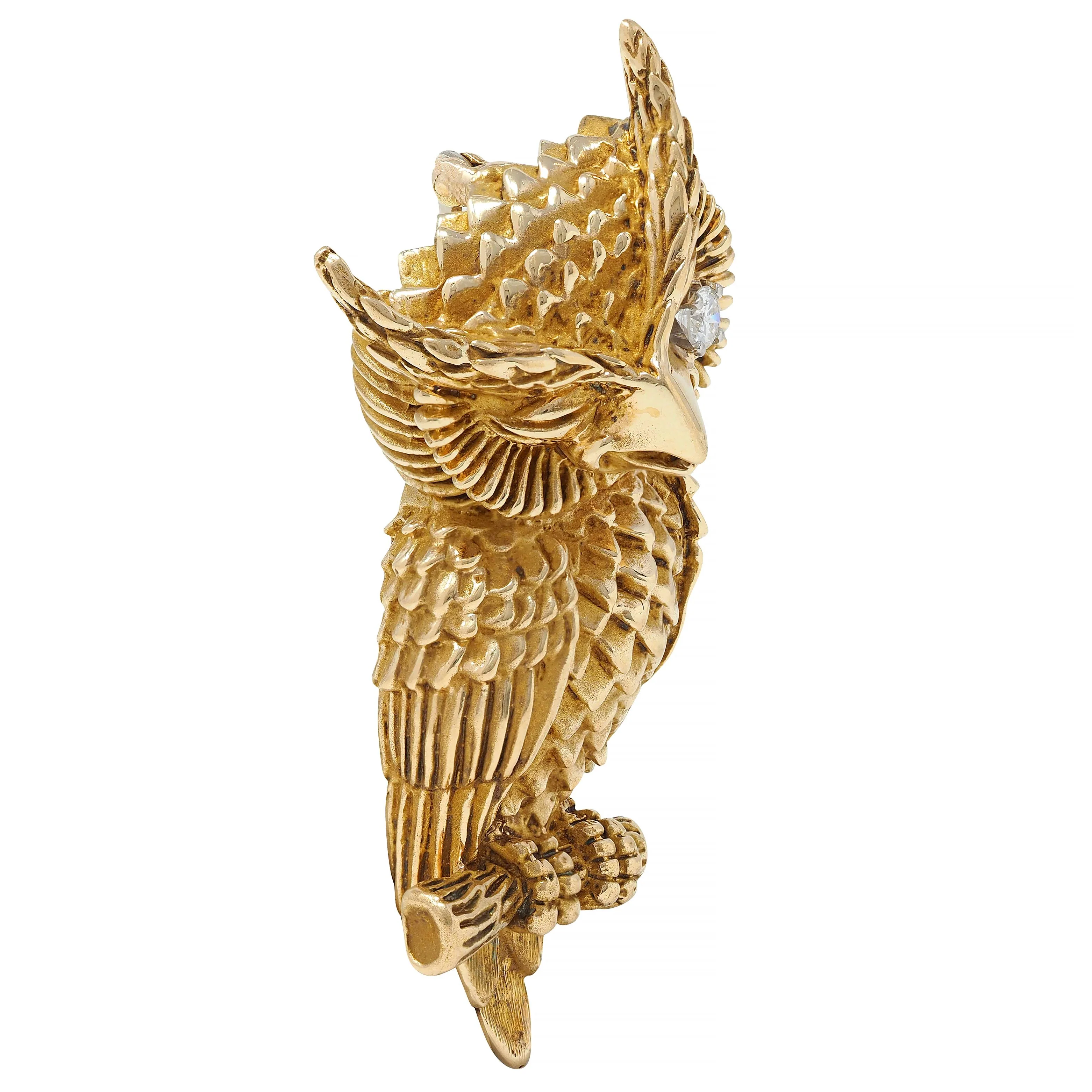 Dan Frere 1970's Diamond 14 Karat Yellow Gold Vintage Owl Bird Brooch - Image 3