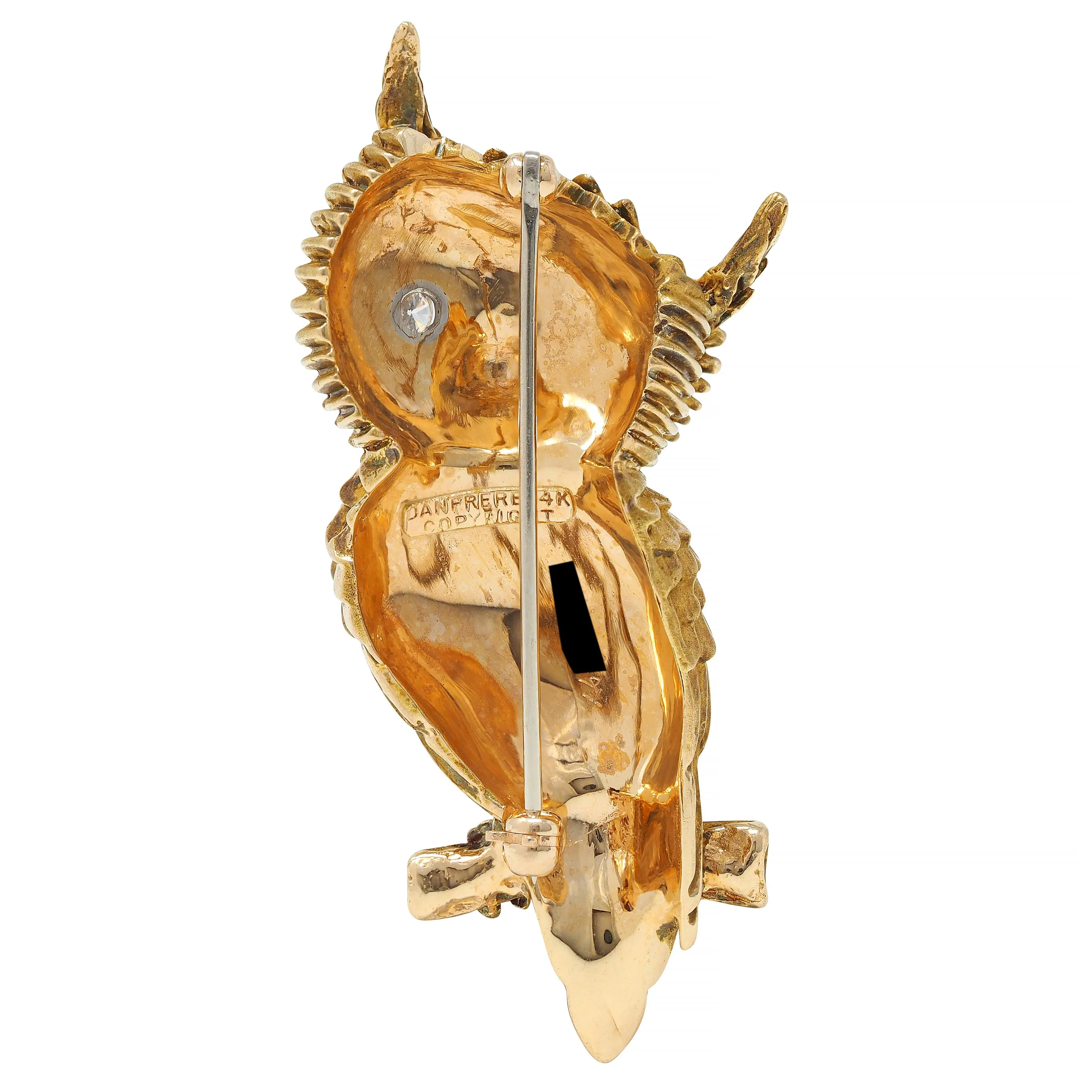 Dan Frere 1970's Diamond 14 Karat Yellow Gold Vintage Owl Bird Brooch - Image 4