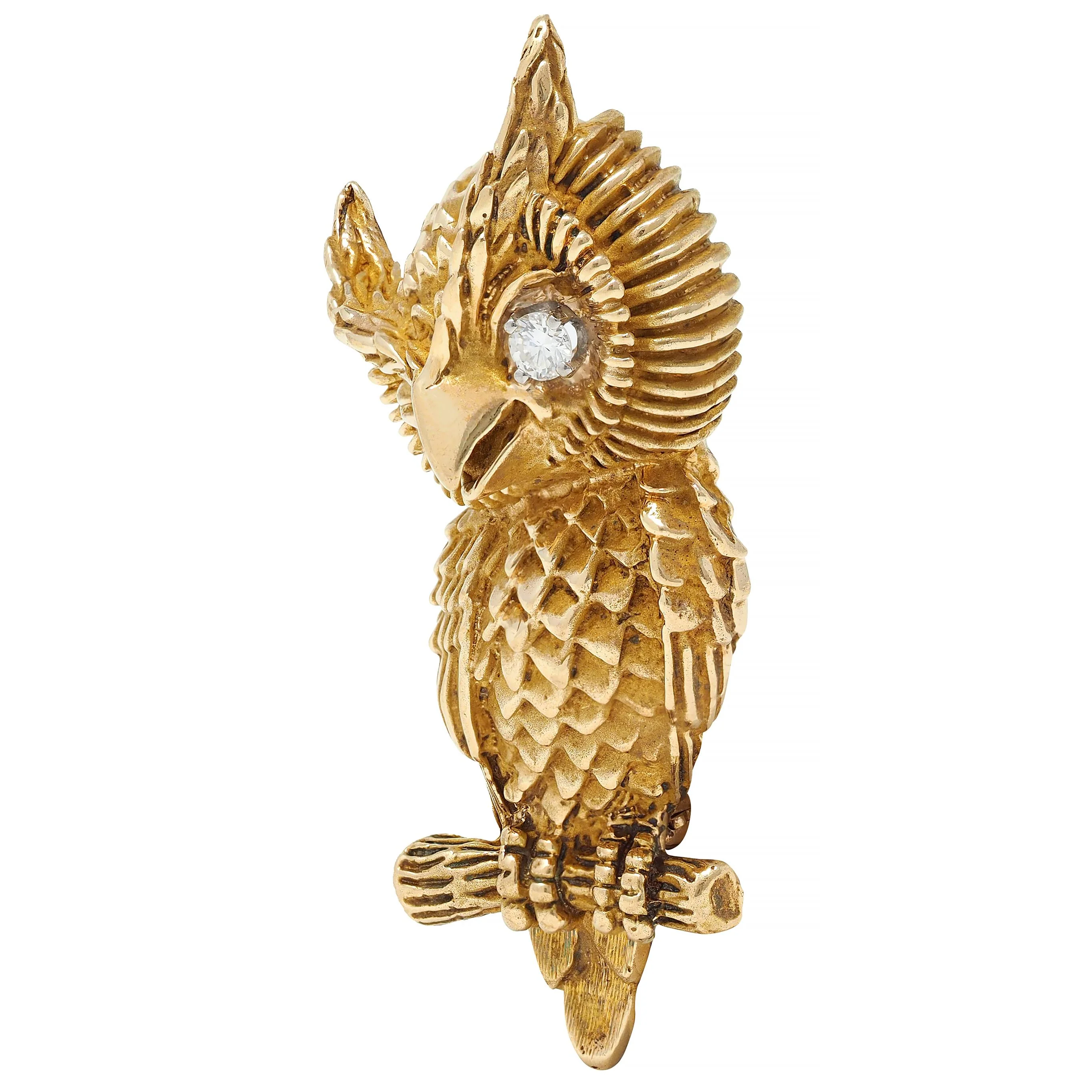 Dan Frere 1970's Diamond 14 Karat Yellow Gold Vintage Owl Bird Brooch - Image 5