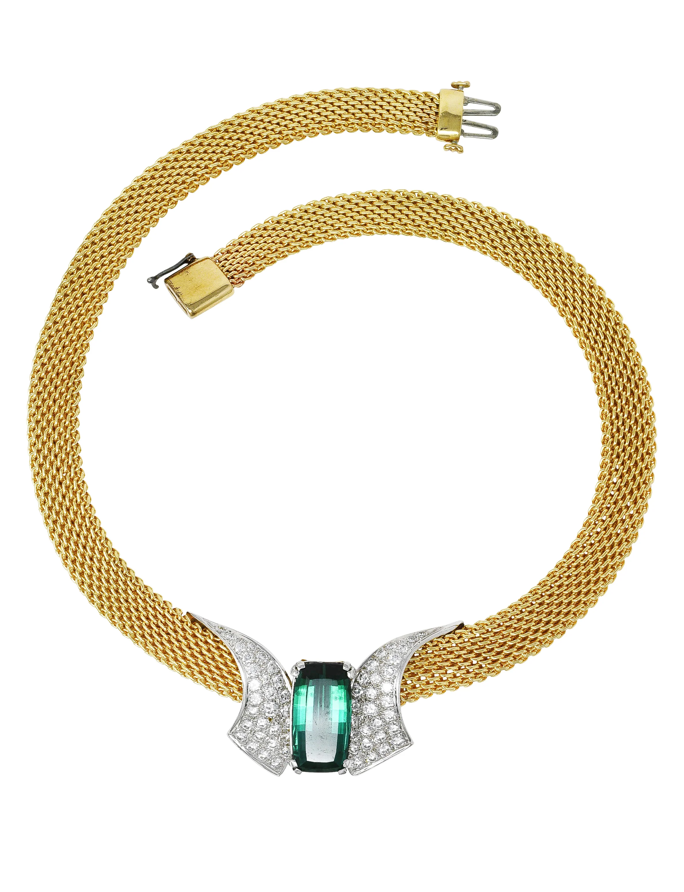Dankner 1960's 9.65 CTW Cushion Cut Green Tourmaline Diamond 14 Karat Two-Tone Gold Vintage Station Collar Necklace - Image 2