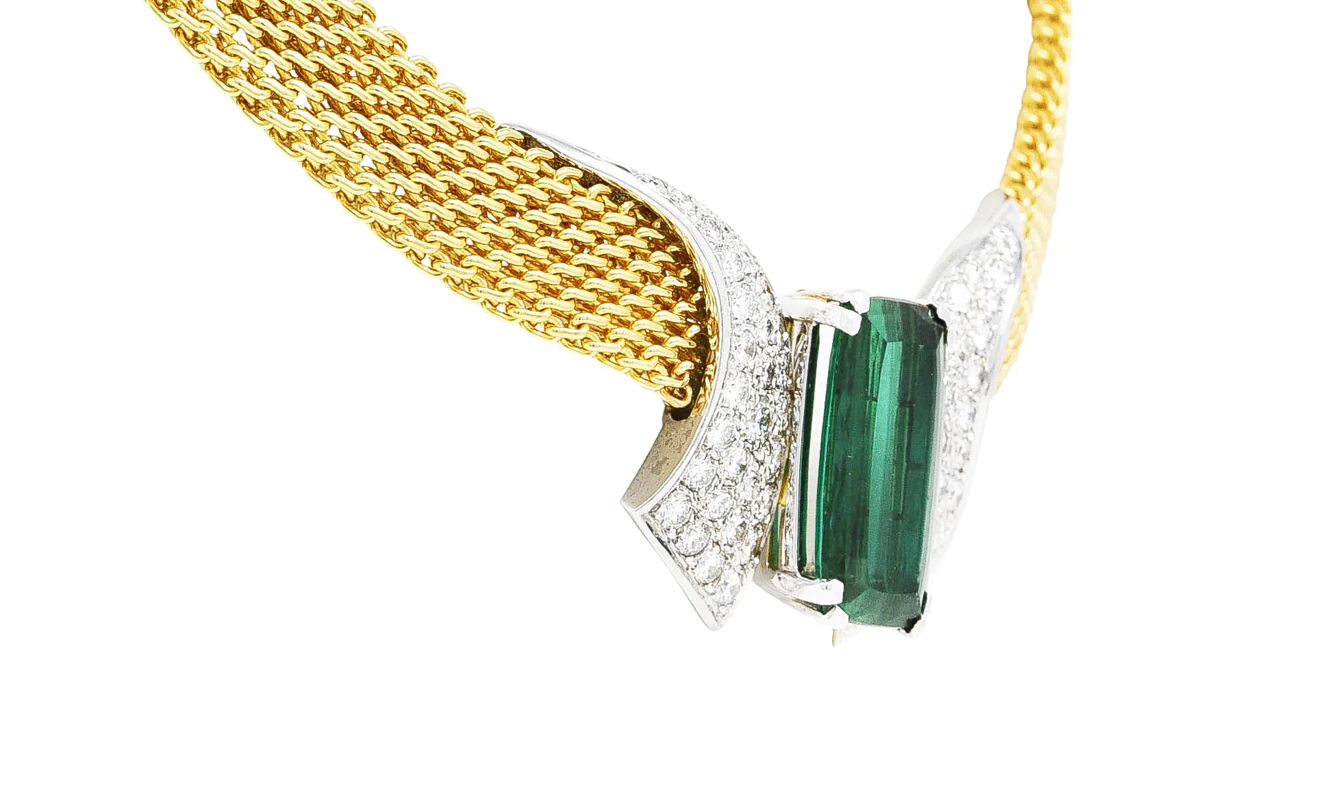 Dankner 1960's 9.65 CTW Cushion Cut Green Tourmaline Diamond 14 Karat Two-Tone Gold Vintage Station Collar Necklace - Image 5