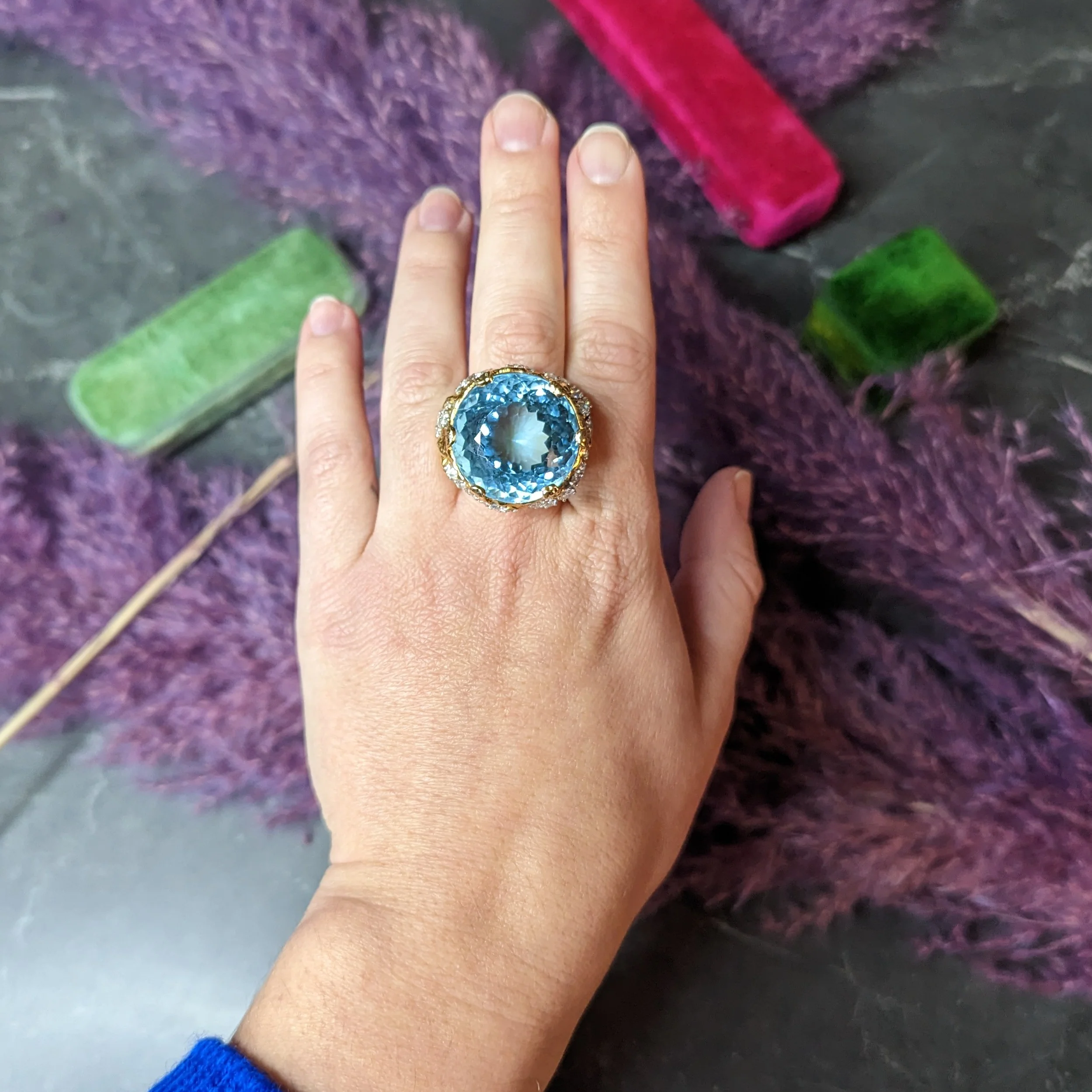 David Webb 1970's 43.10 CTW Aquamarine Diamond Platinum 18 Karat Yellow Gold Substantial Vintage Cocktail Ring - Image 13