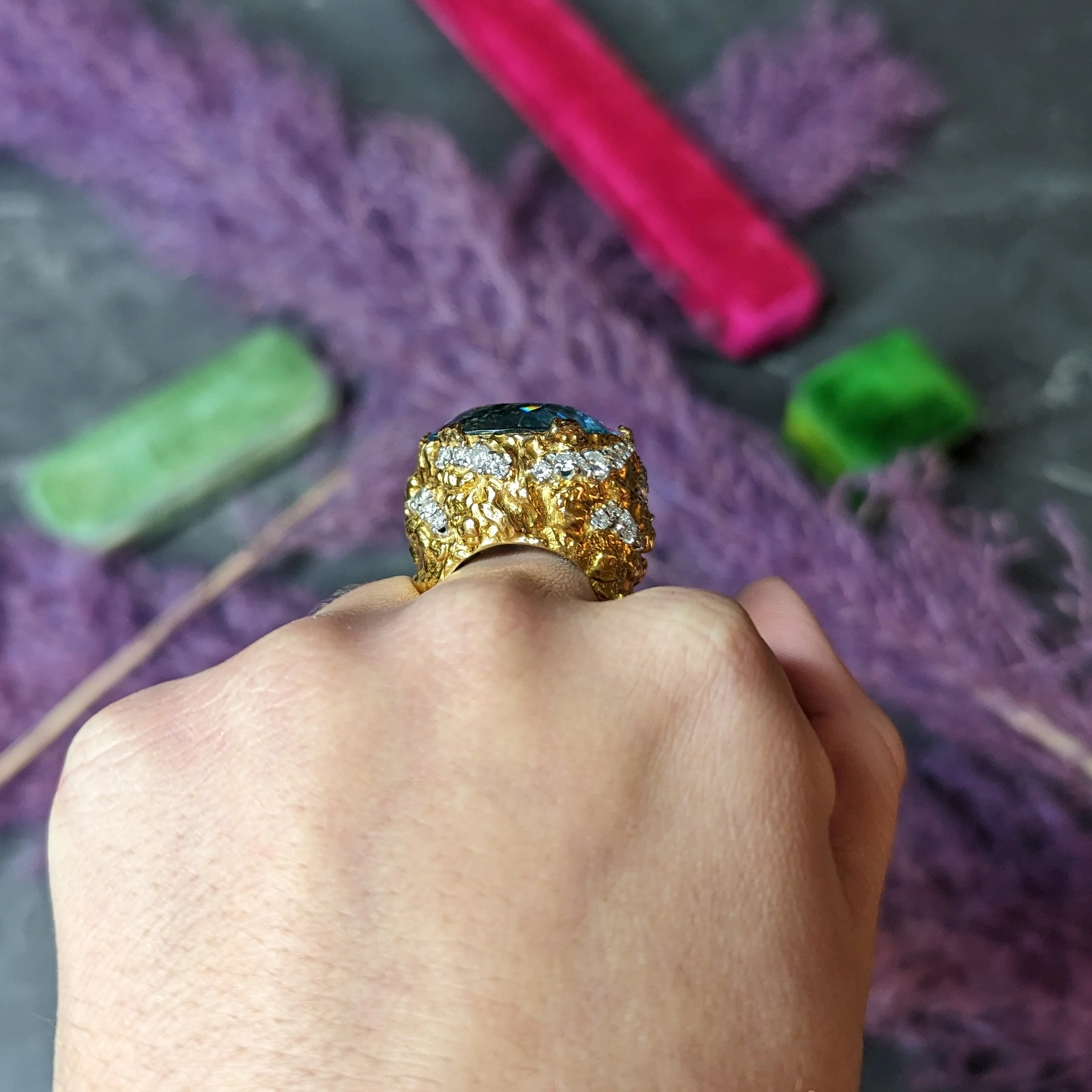 David Webb 1970's 43.10 CTW Aquamarine Diamond Platinum 18 Karat Yellow Gold Substantial Vintage Cocktail Ring - Image 14