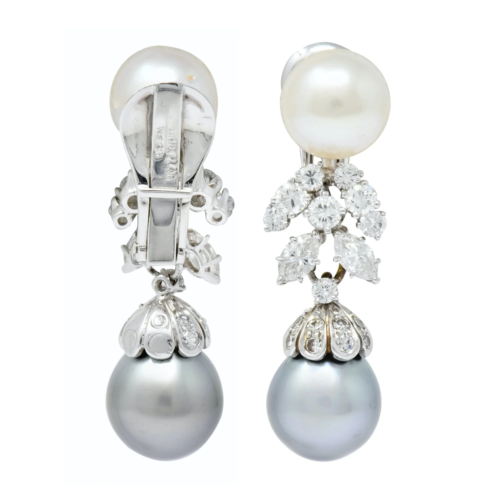 David Webb 2.40 CTW Diamond Cultured Pearl Drop Ear-Clip Earrings - Image 6