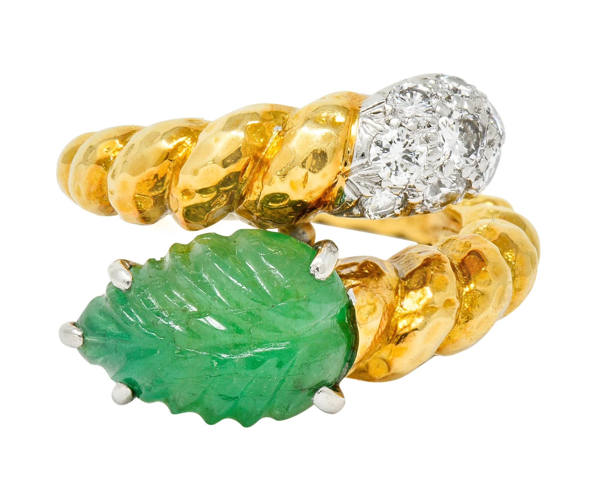 David Webb Carved Emerald Pave Diamond 18 Karat Gold Bypass Ring