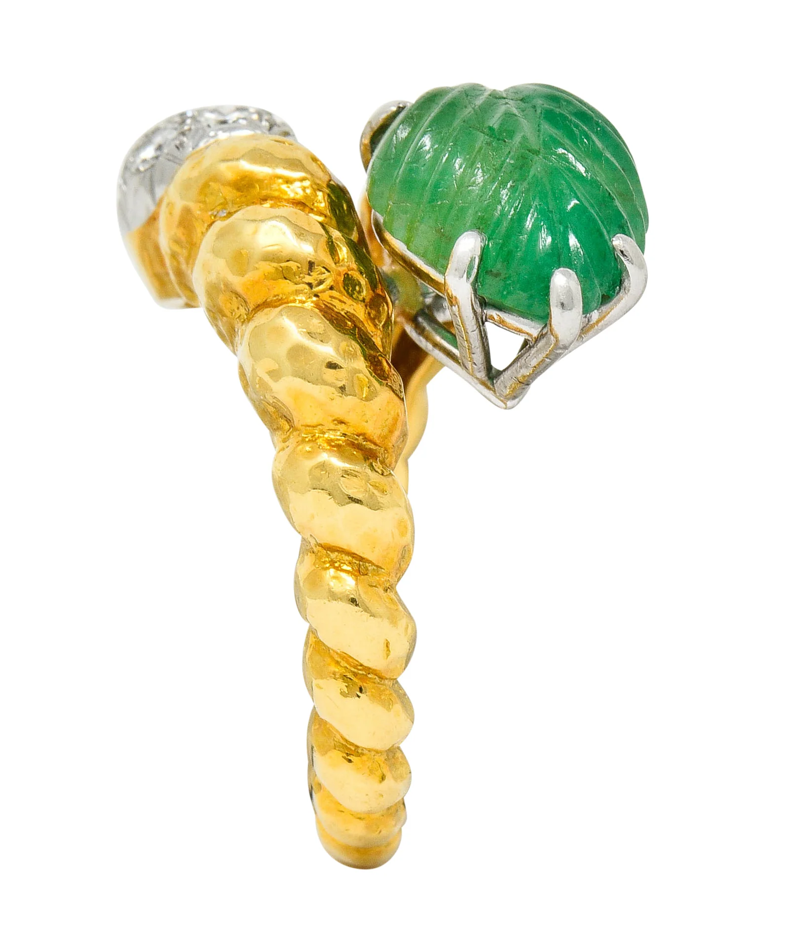 David Webb Carved Emerald Pave Diamond 18 Karat Gold Bypass Ring - Image 11