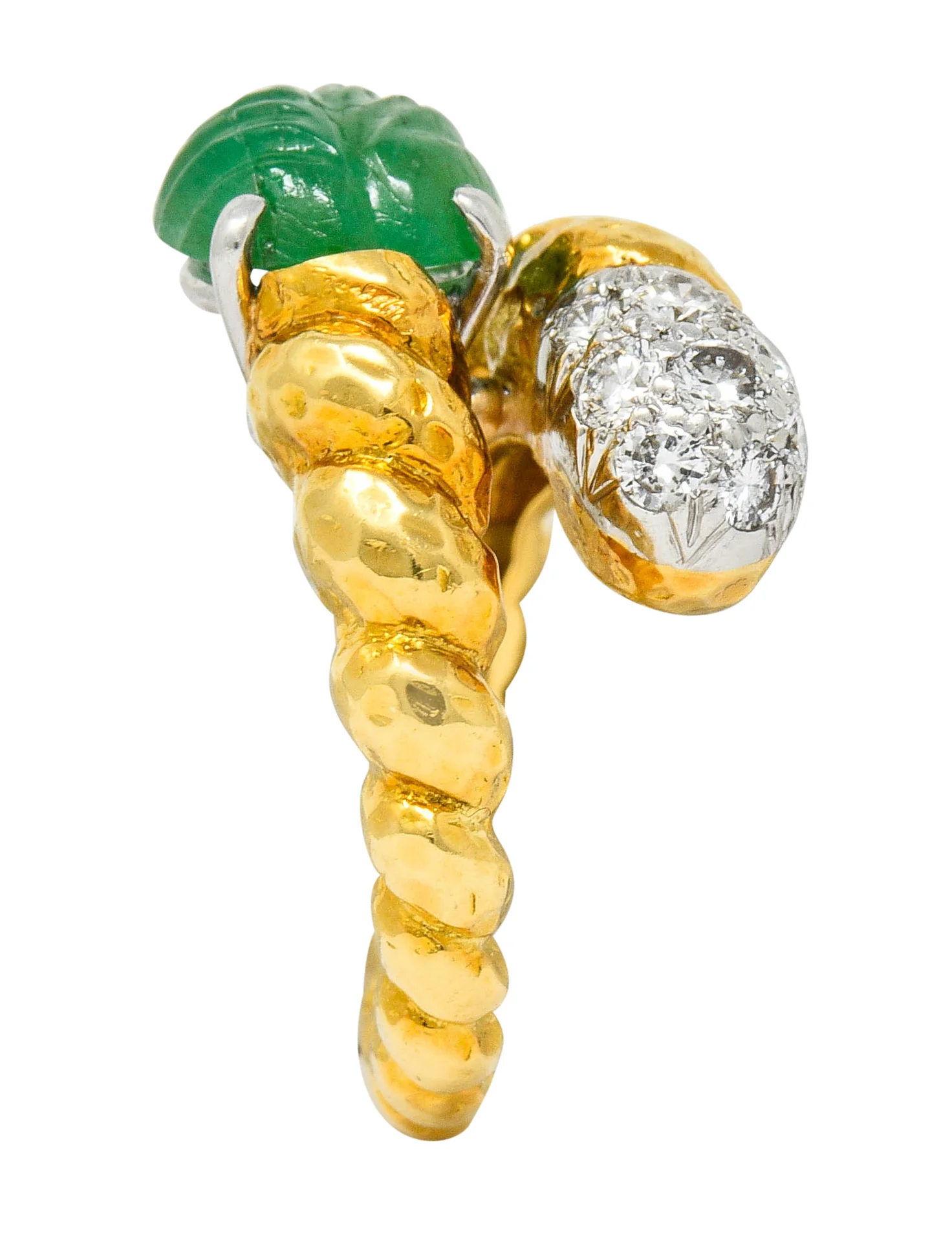 David Webb Carved Emerald Pave Diamond 18 Karat Gold Bypass Ring - Image 13