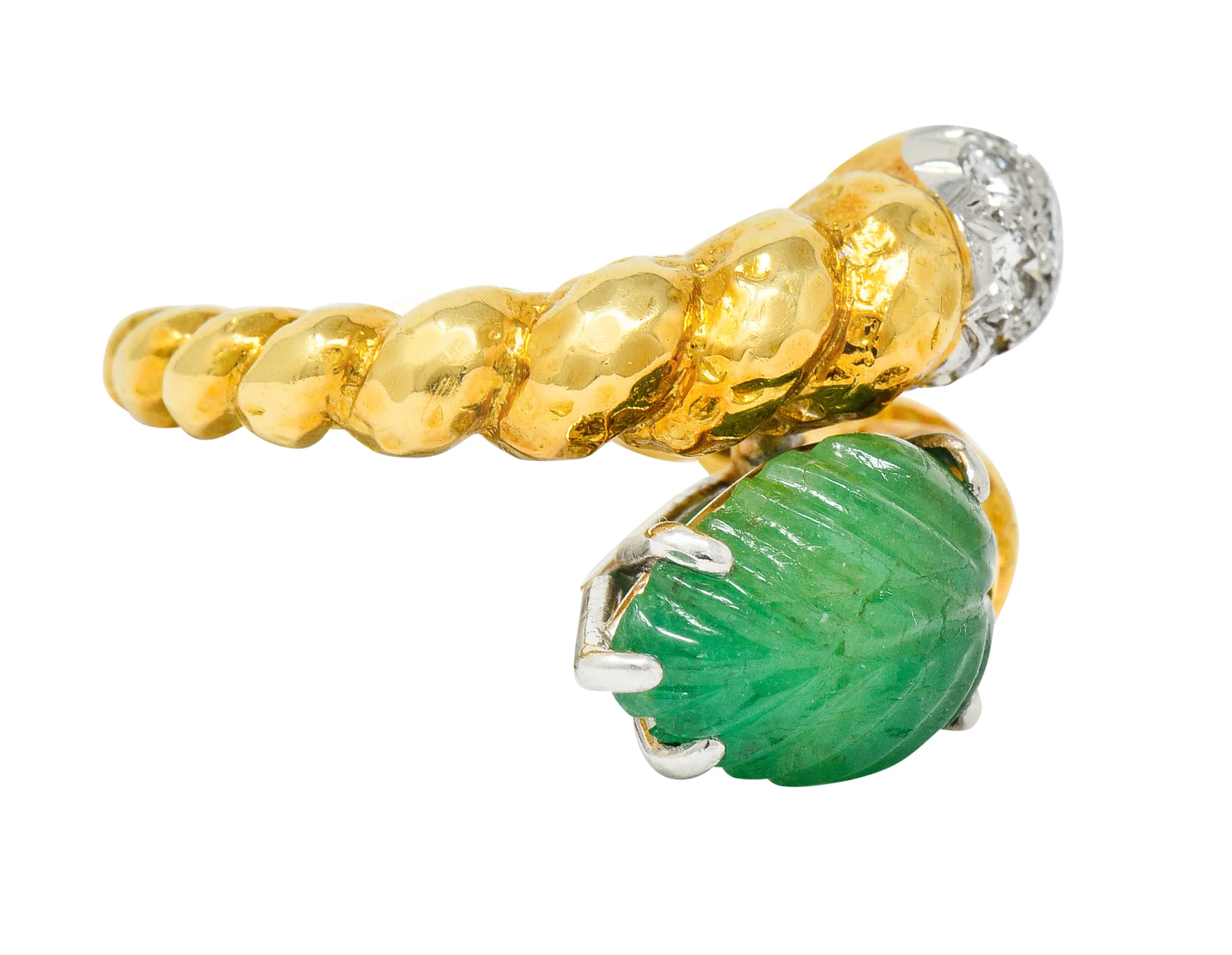 David Webb Carved Emerald Pave Diamond 18 Karat Gold Bypass Ring - Image 2