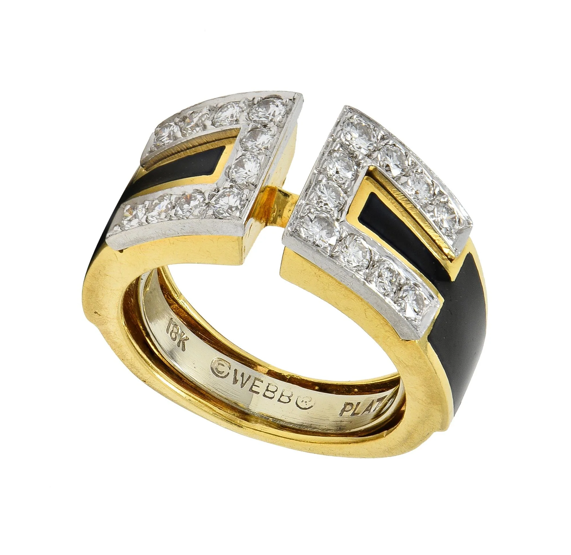 David Webb Diamond Black Enamel Platinum 18 Karat Yellow Gold Gap Ring - Image 6