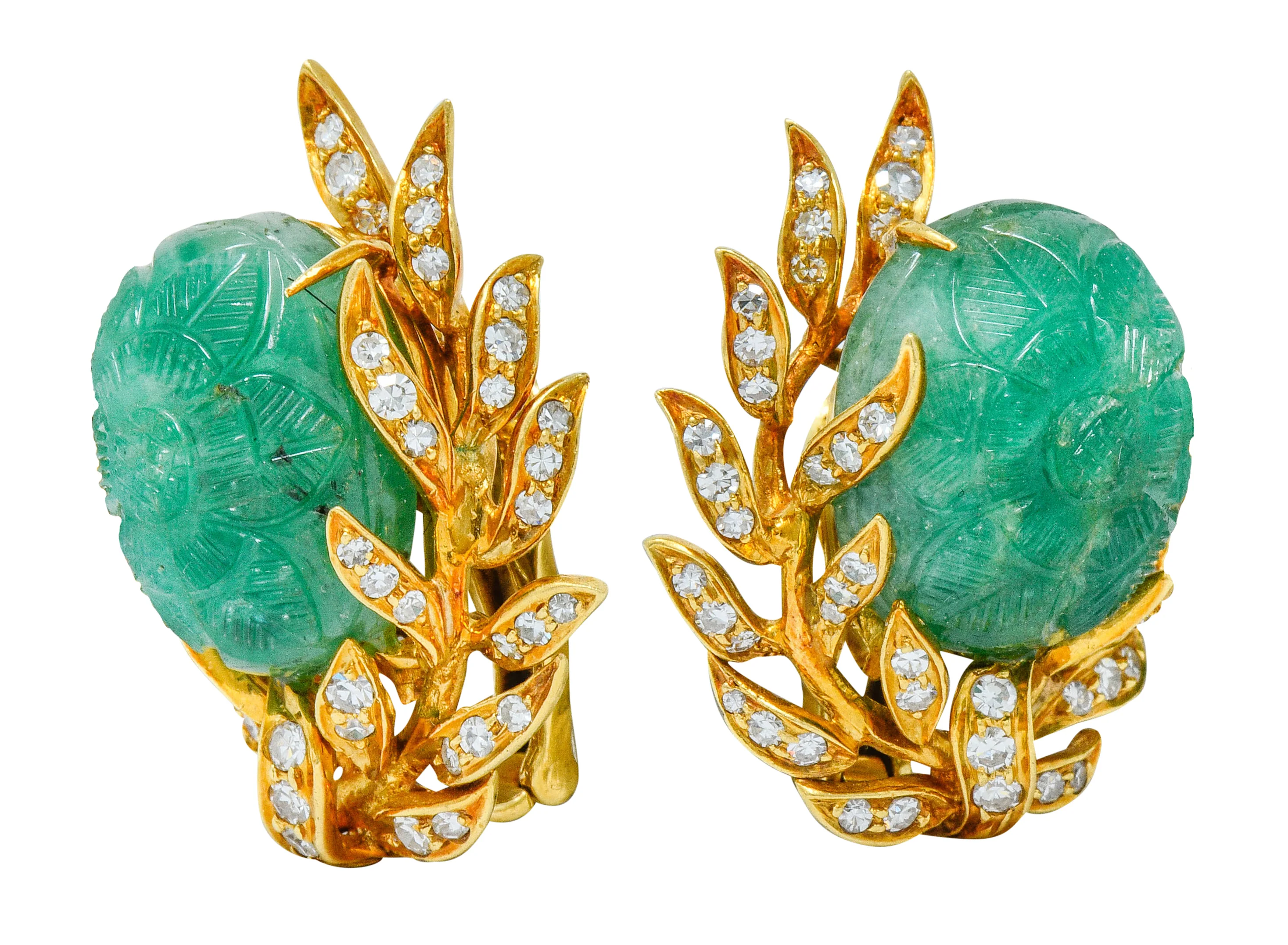 David Webb Mogul Style Diamond Carved Emerald 18 Karat Gold Floral Ear-Clip Earrings - Image 3