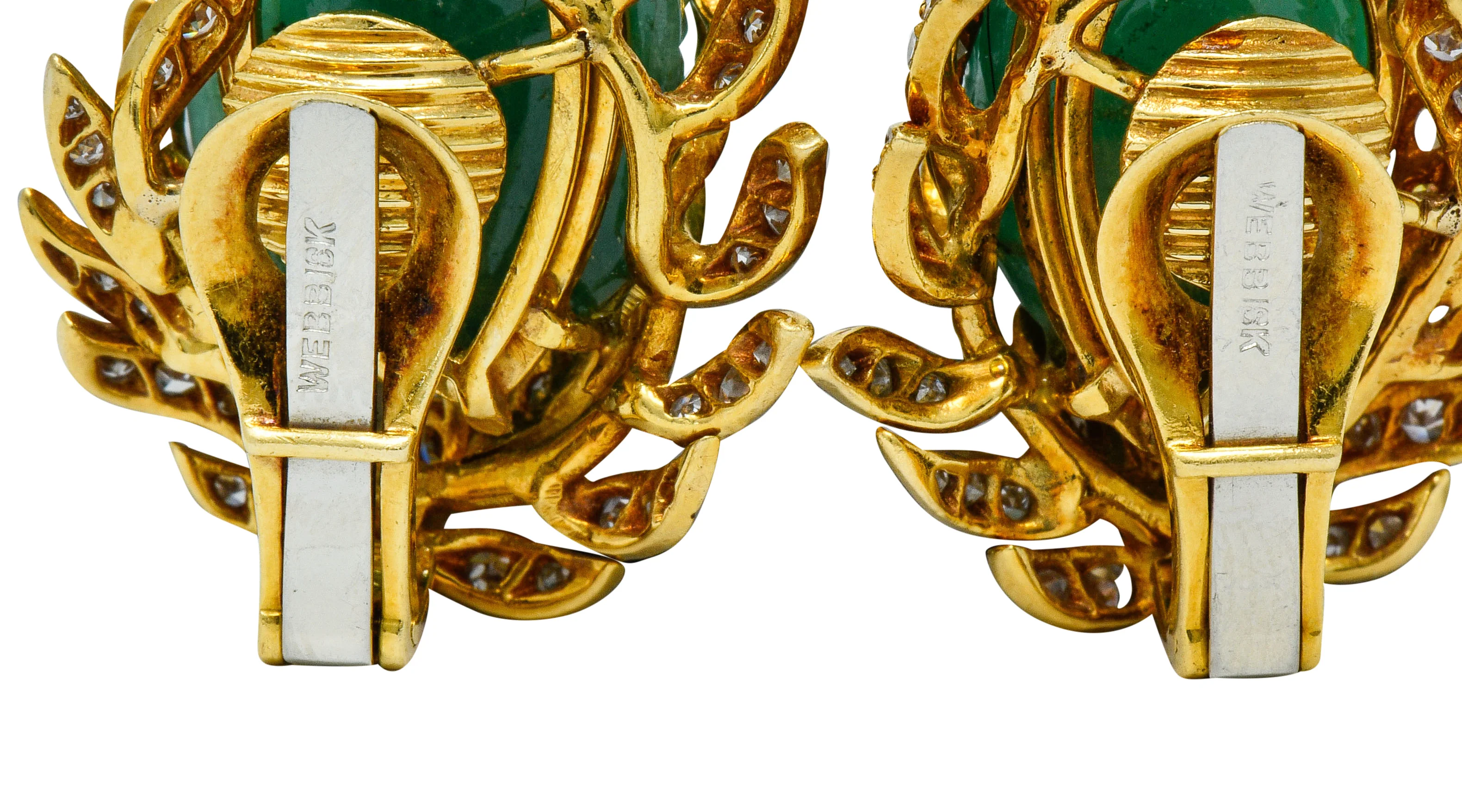 David Webb Mogul Style Diamond Carved Emerald 18 Karat Gold Floral Ear-Clip Earrings - Image 4