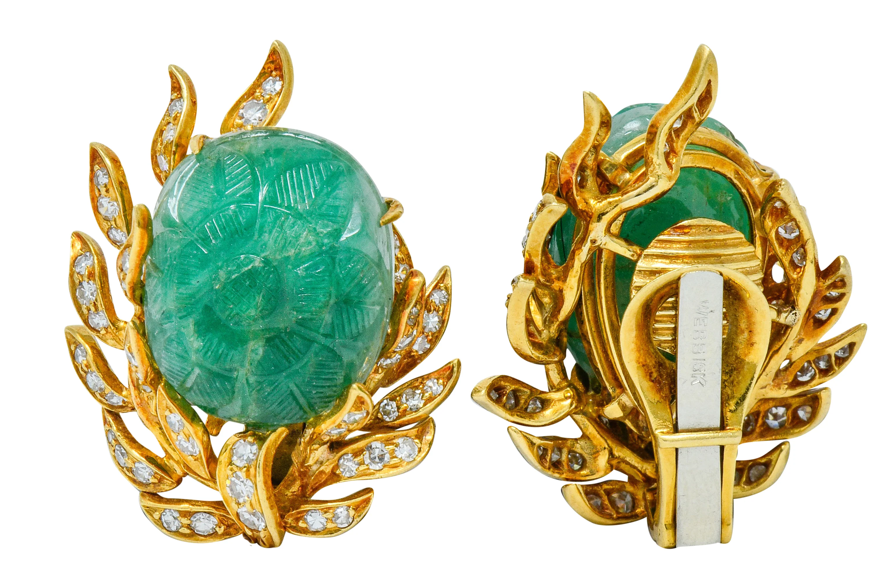 David Webb Mogul Style Diamond Carved Emerald 18 Karat Gold Floral Ear-Clip Earrings - Image 9