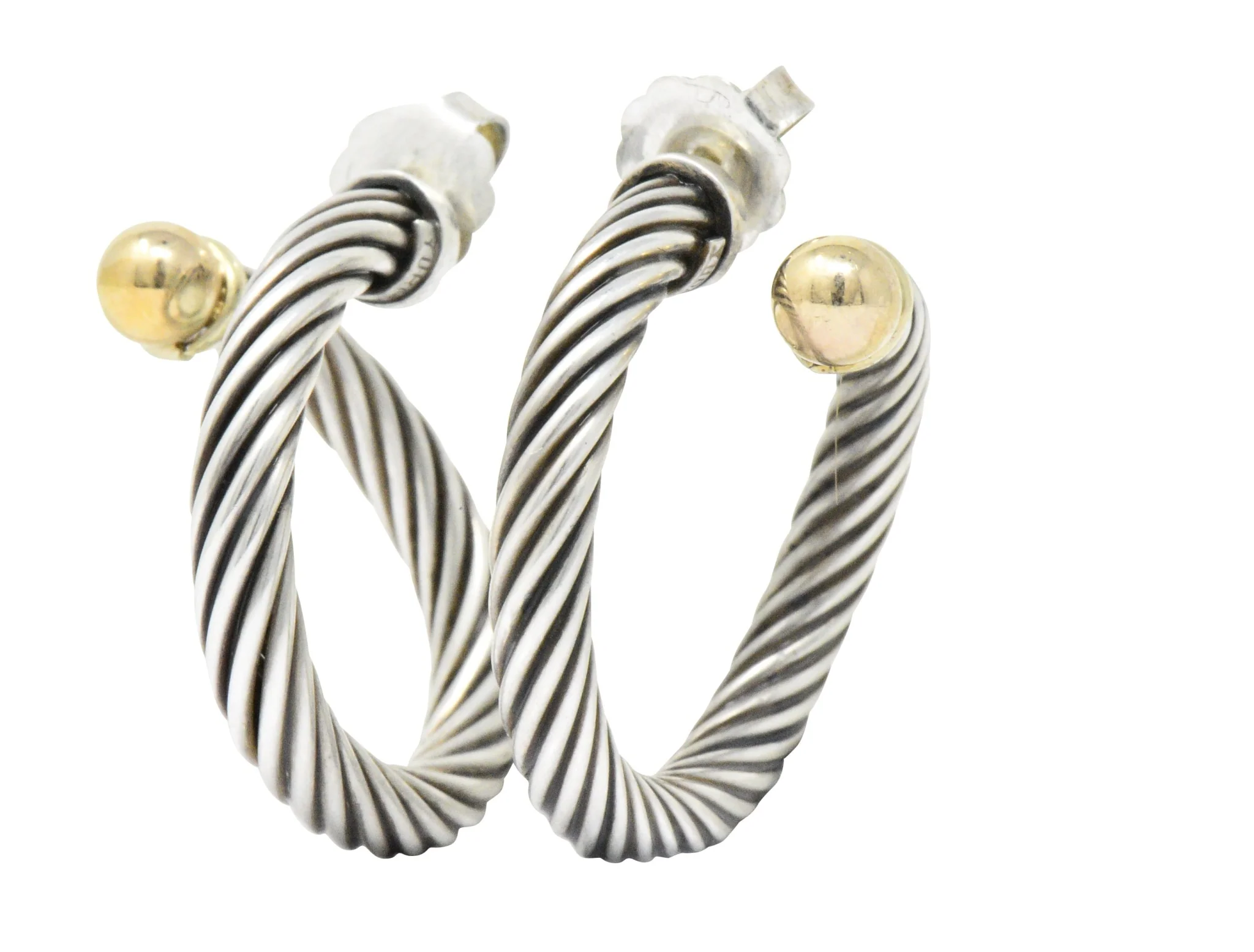 David Yurman 14 Karat Gold Sterling Silver Twisted Cable Torque Hoop Earrings - Image 2