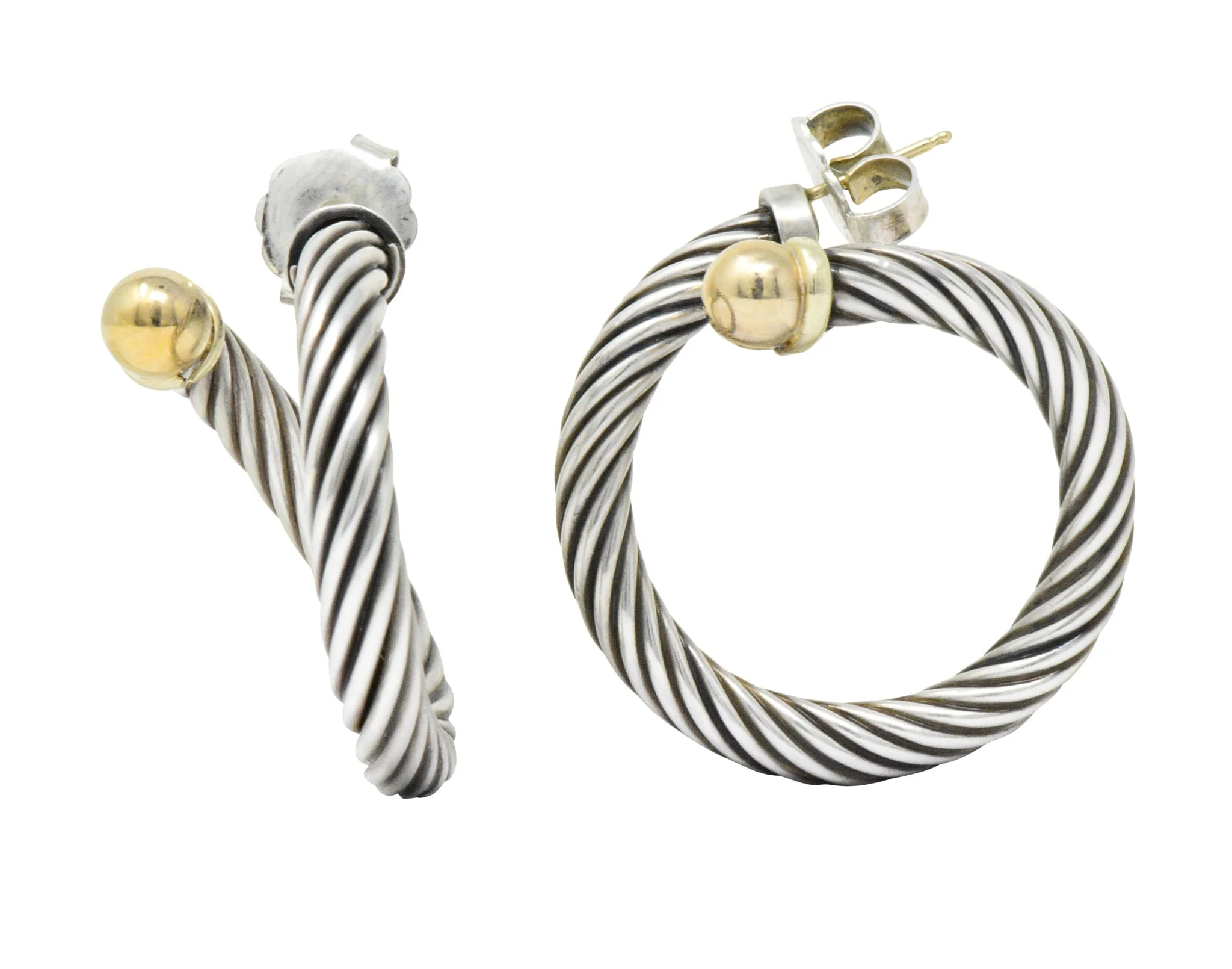 David Yurman 14 Karat Gold Sterling Silver Twisted Cable Torque Hoop Earrings - Image 3