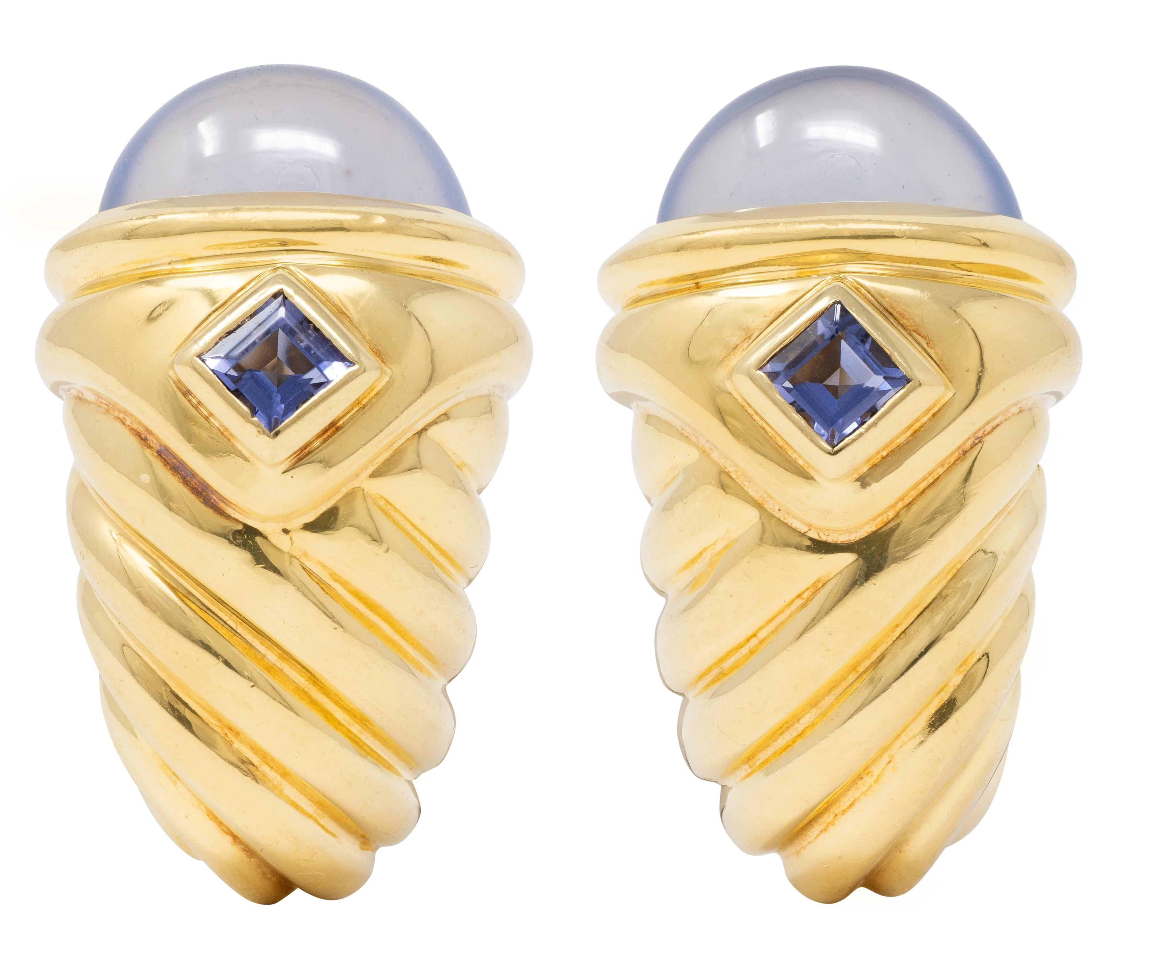 David Yurman 1990's Iolite Chalcedony 18 Karat Yellow Gold Vintage Renaissance J-Hoop Earrings