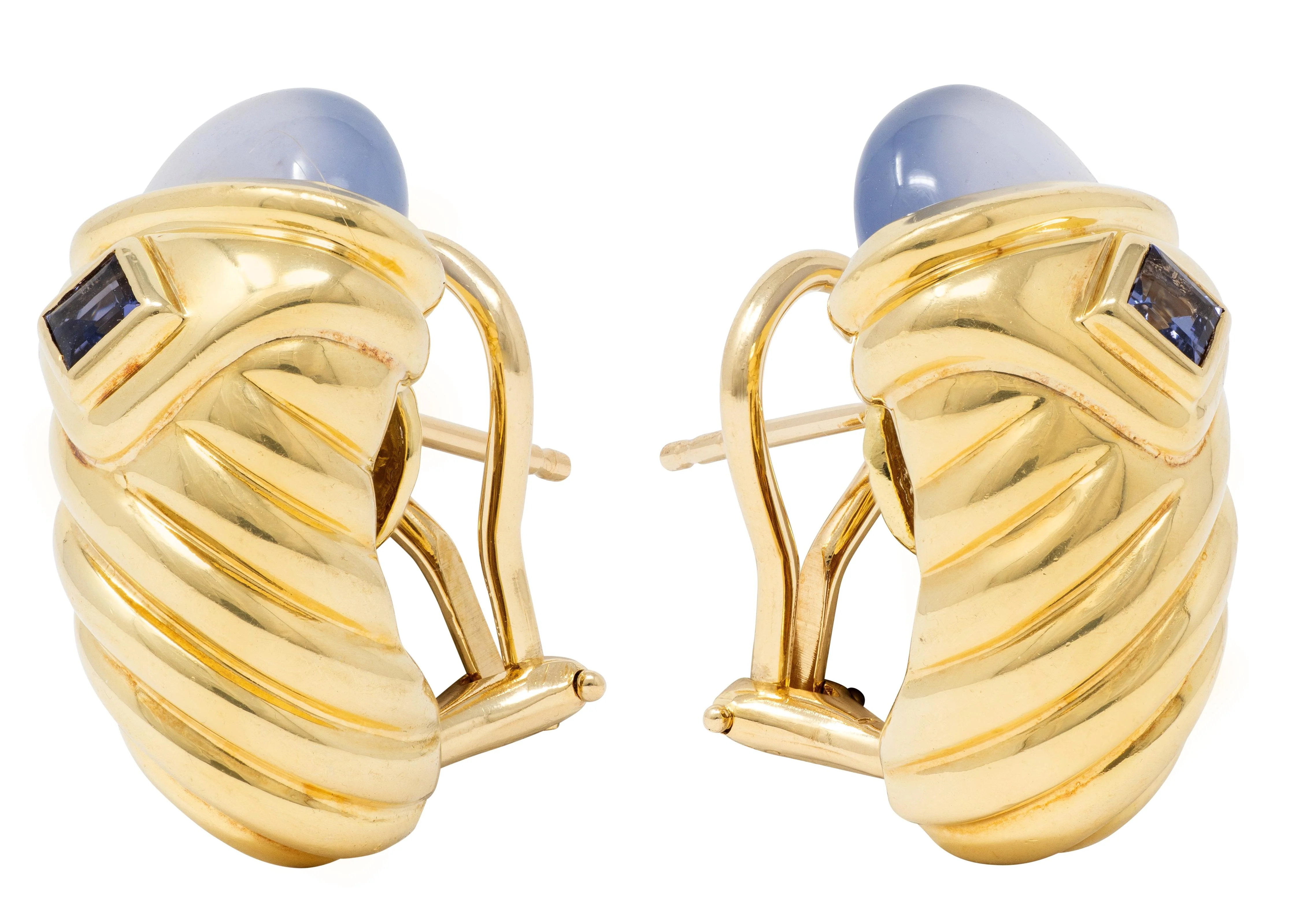 David Yurman 1990's Iolite Chalcedony 18 Karat Yellow Gold Vintage Renaissance J-Hoop Earrings - Image 8