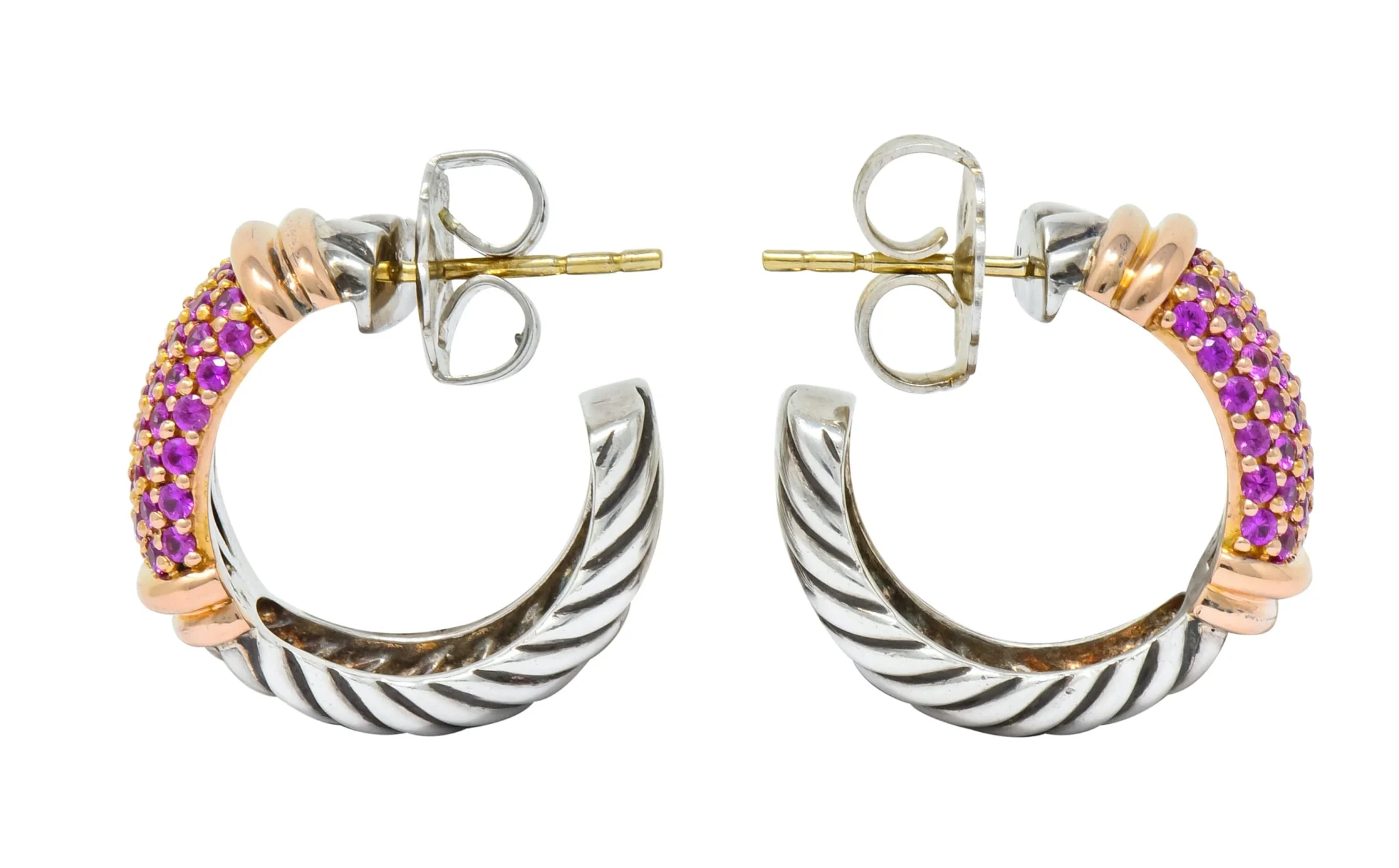 David Yurman 2.00 CTW Pink Sapphire Sterling Silver 18 Karat Rose Gold Metro Hoop Earrings - Image 4