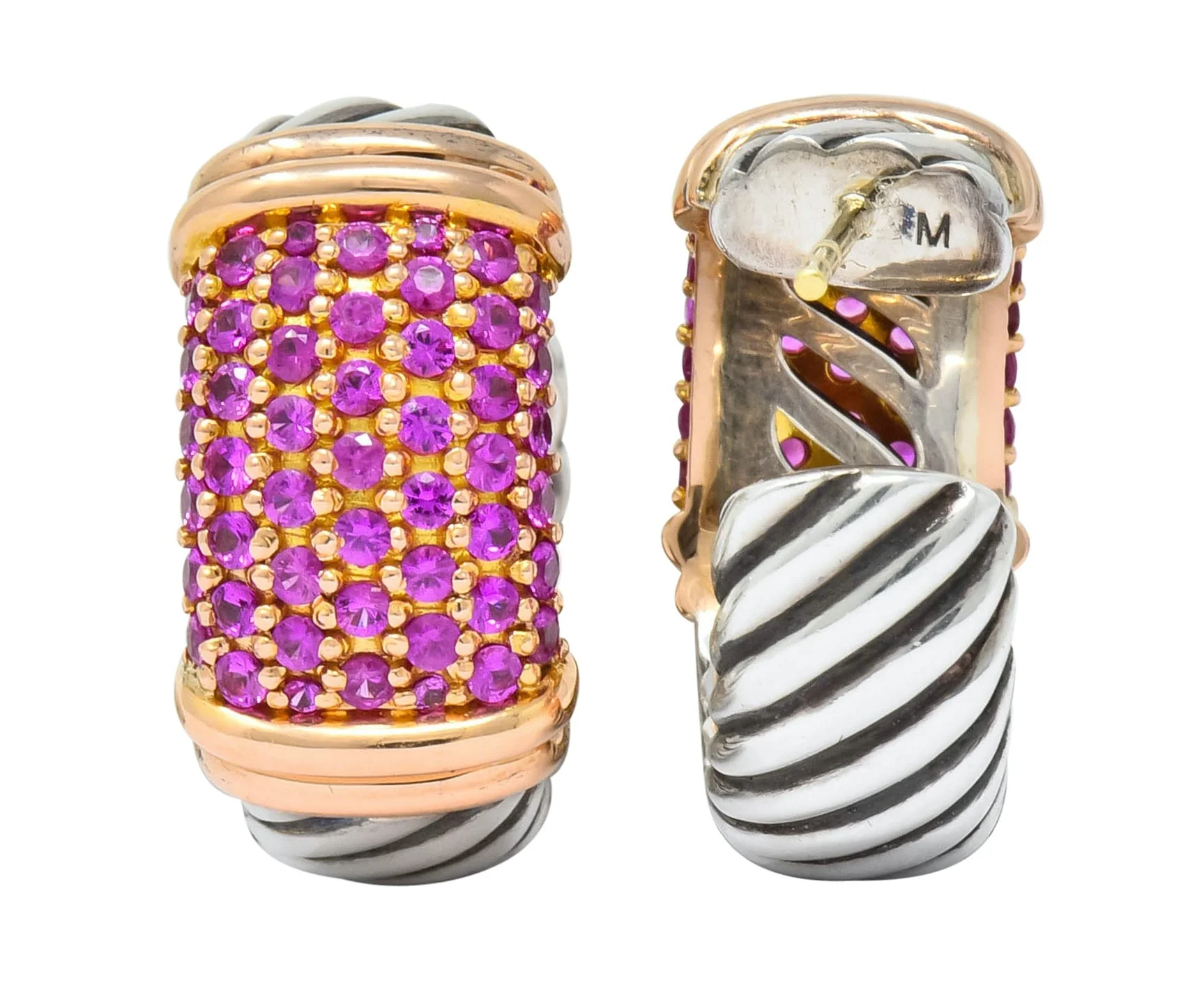David Yurman 2.00 CTW Pink Sapphire Sterling Silver 18 Karat Rose Gold Metro Hoop Earrings - Image 6