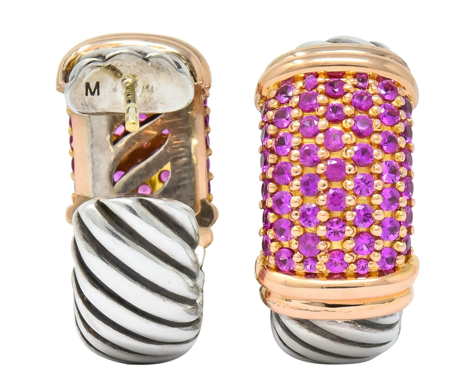 David Yurman 2.00 CTW Pink Sapphire Sterling Silver 18 Karat Rose Gold Metro Hoop Earrings - Image 7