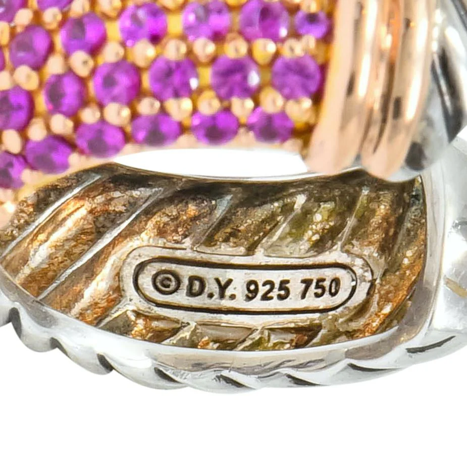 David Yurman 2.00 CTW Pink Sapphire Sterling Silver 18 Karat Rose Gold Metro Hoop Earrings - Image 8
