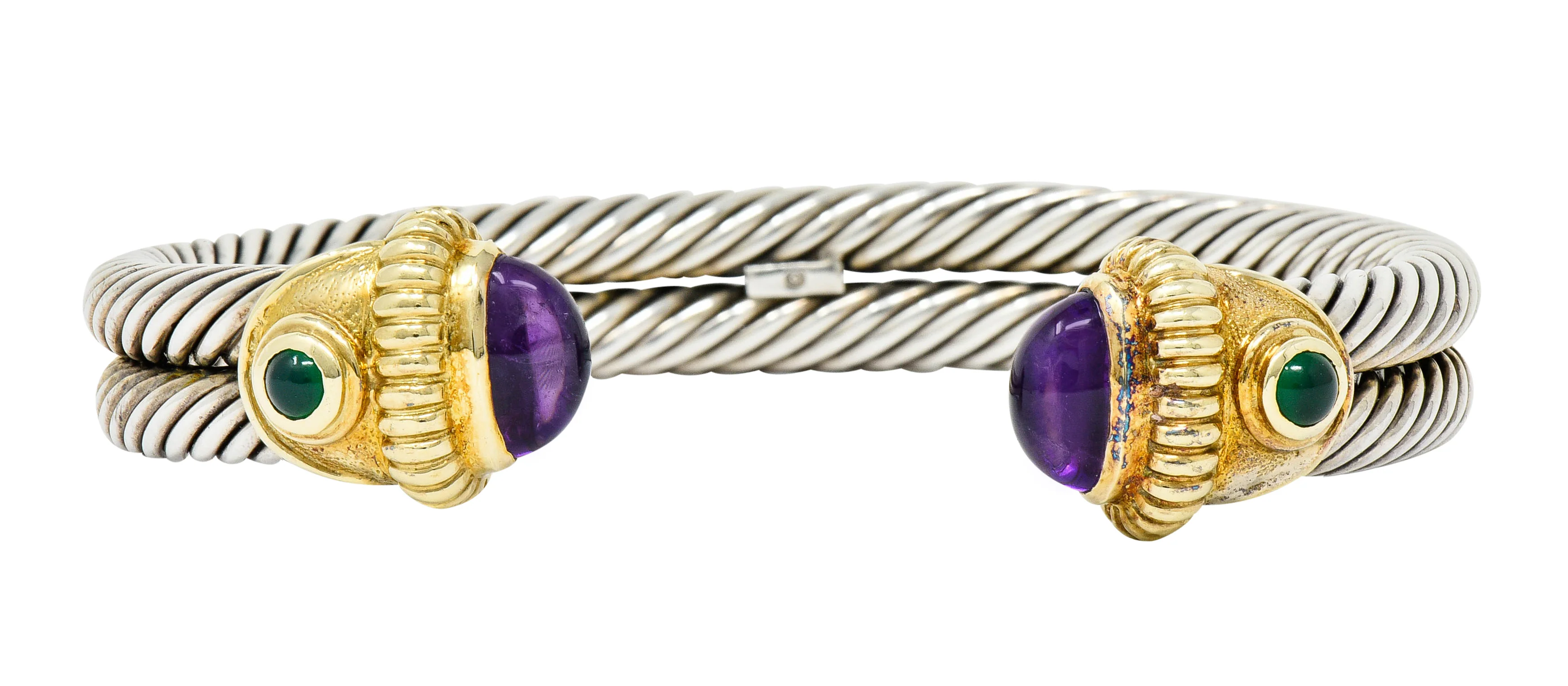 David Yurman Amethyst Chrysoprase 14 Karat Gold Sterling Silver Cable Cuff - Image 2