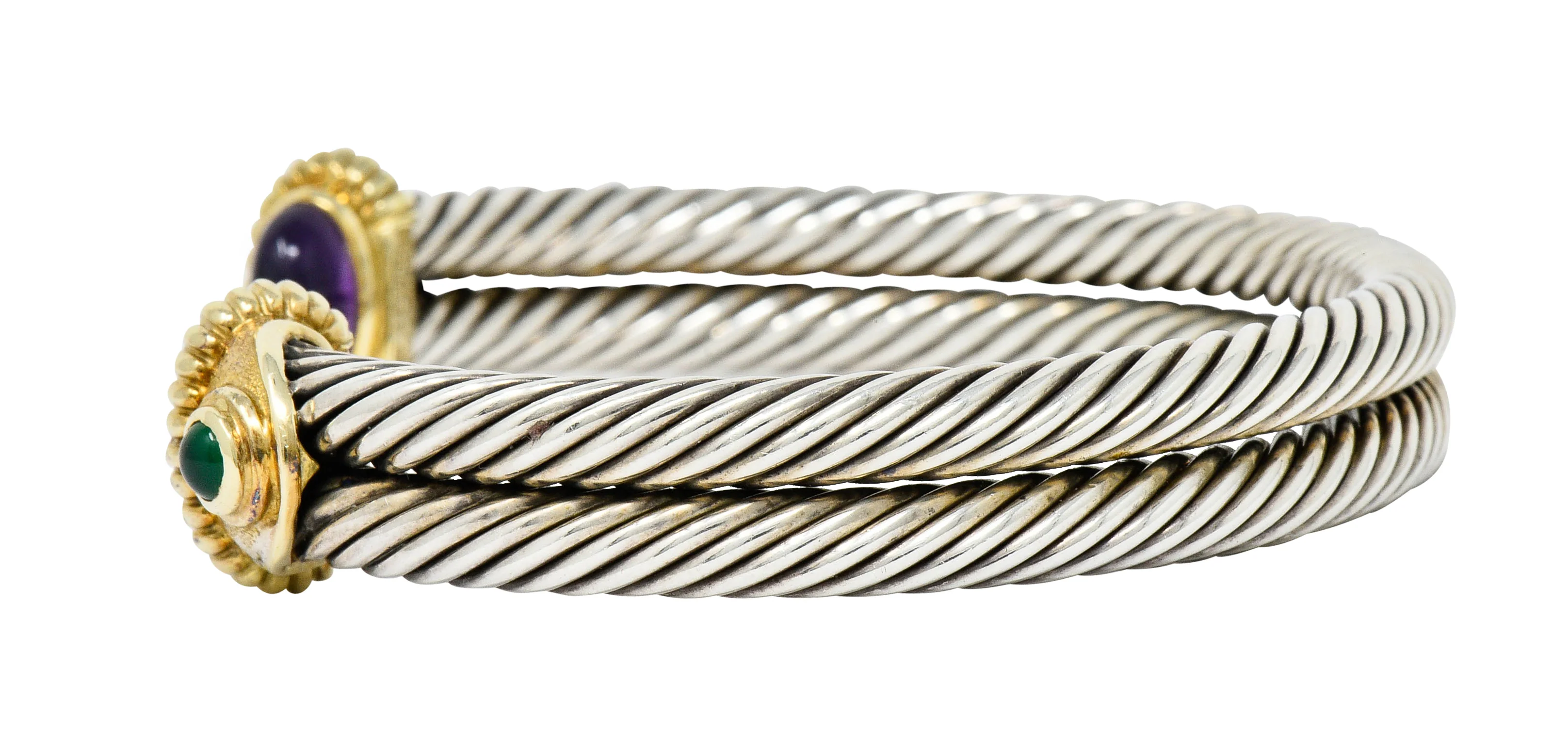 David Yurman Amethyst Chrysoprase 14 Karat Gold Sterling Silver Cable Cuff - Image 6
