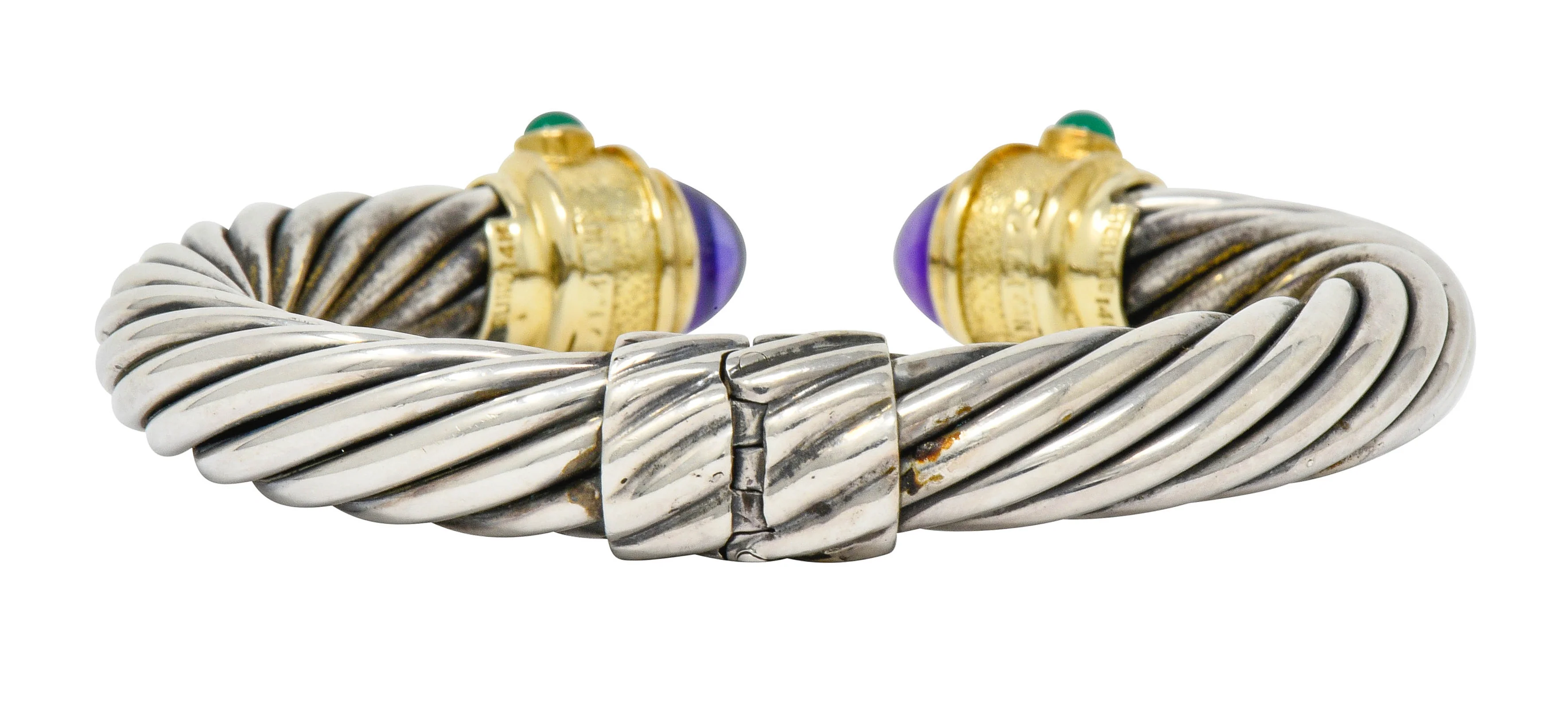 David Yurman Amethyst Chrysoprase Sterling Silver 14 Karat Gold Renaissance Cuff Bracelet - Image 6