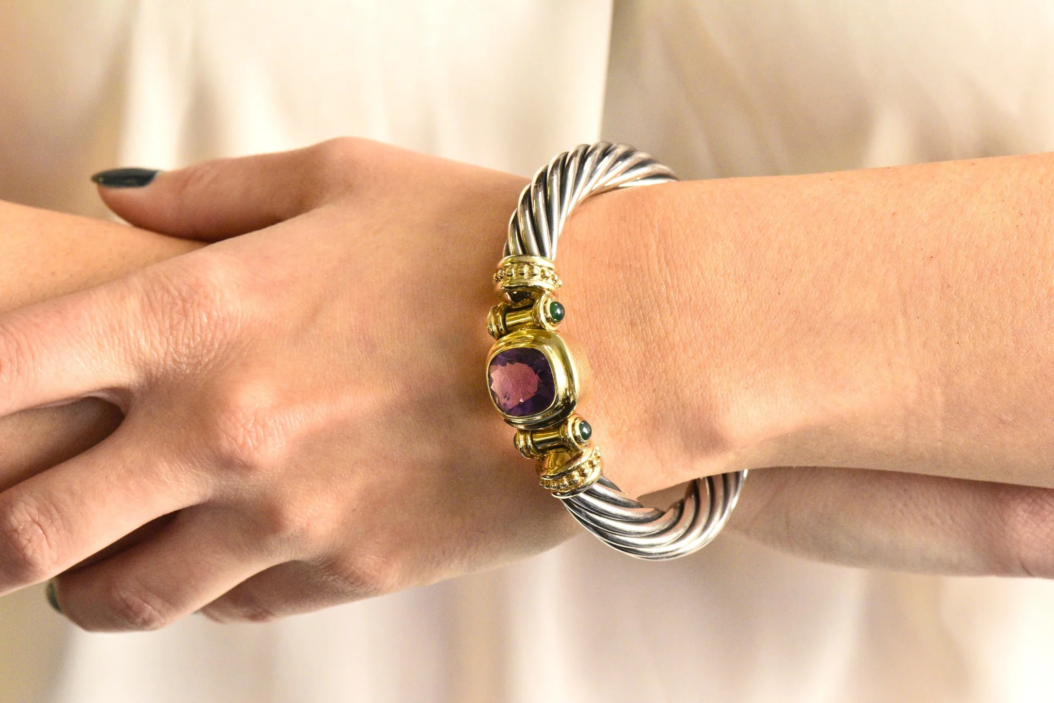 David Yurman Amethyst Green Onyx Sterling Silver 14 Karat Gold Cable Bracelet - Image 8